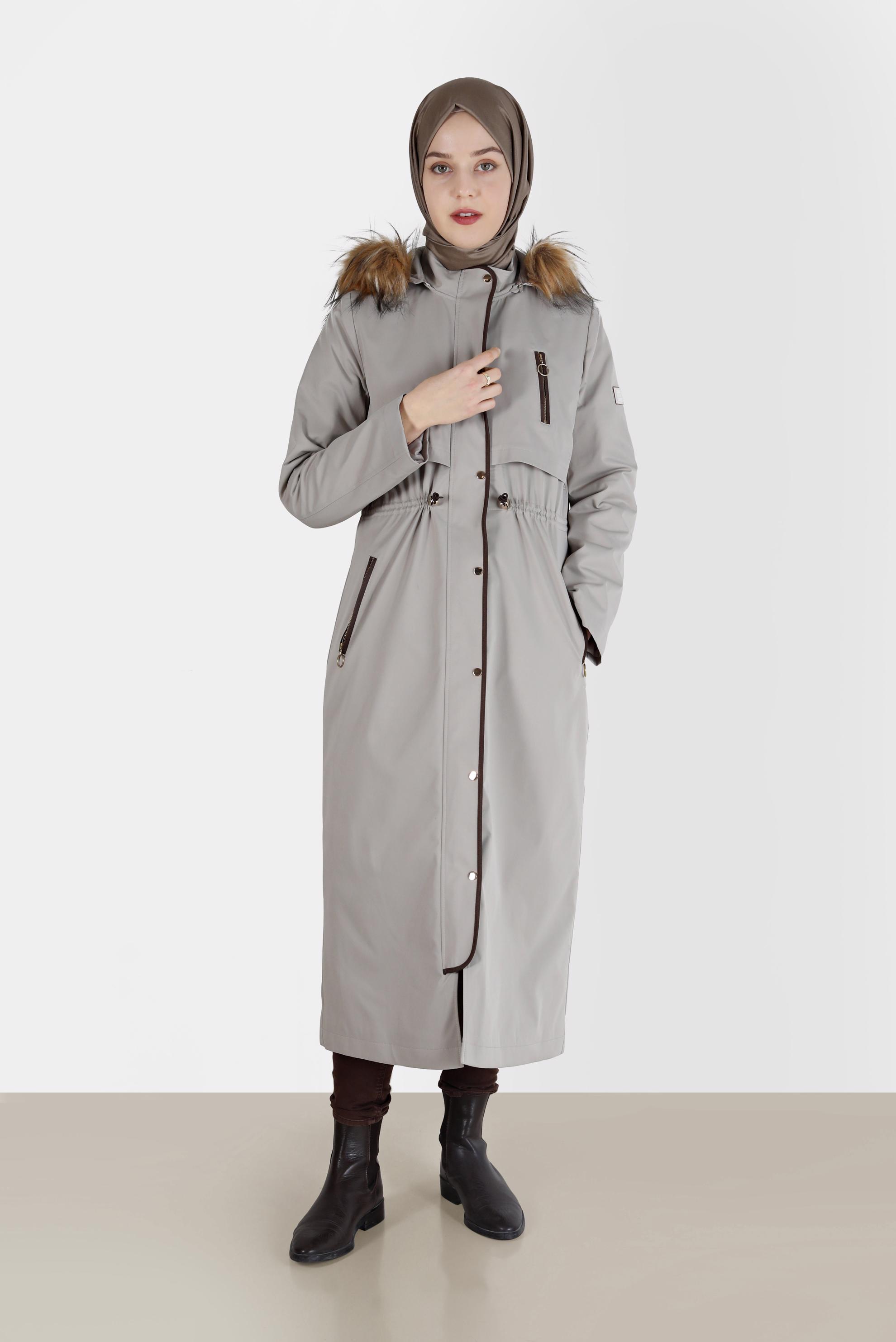 Vêtements hijab BEIGE PARKA À CAPUCHE FOURRURE DÉTAILS FRONÇÉS 90200