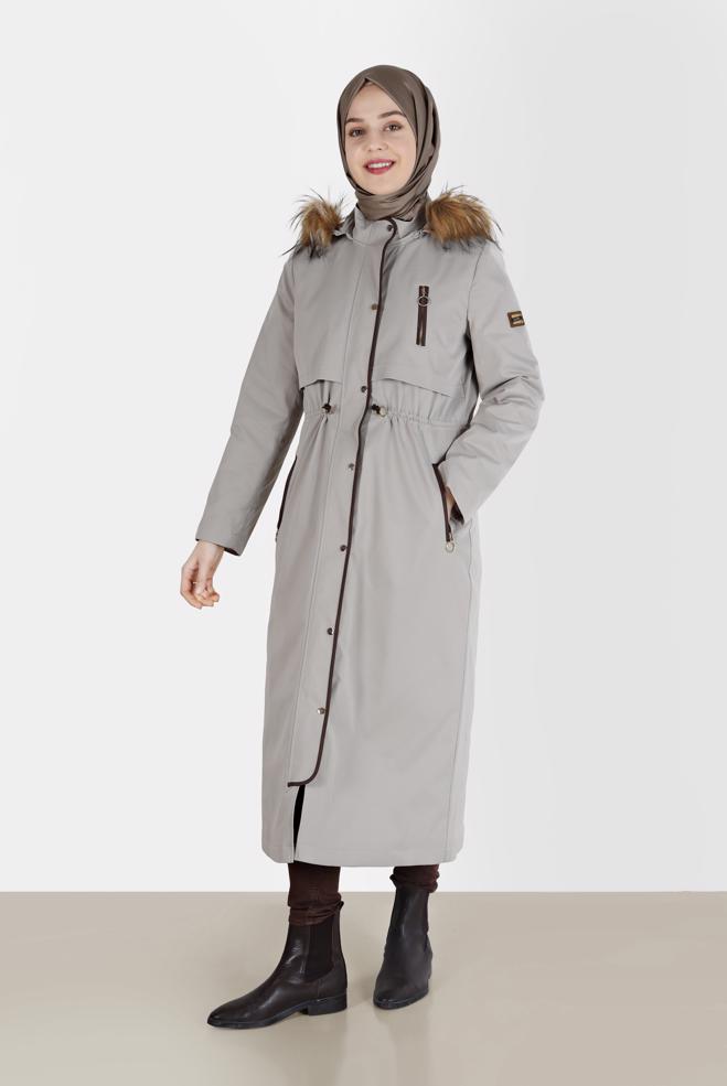 Hijab clothing BEIGE GATHERED DETAIL FURRY HOODED PARKA 90200  - ALVİNA