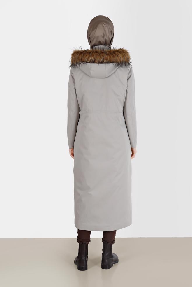 Hijab clothing BEIGE GATHERED DETAIL FURRY HOODED PARKA 90200  - ALVİNA