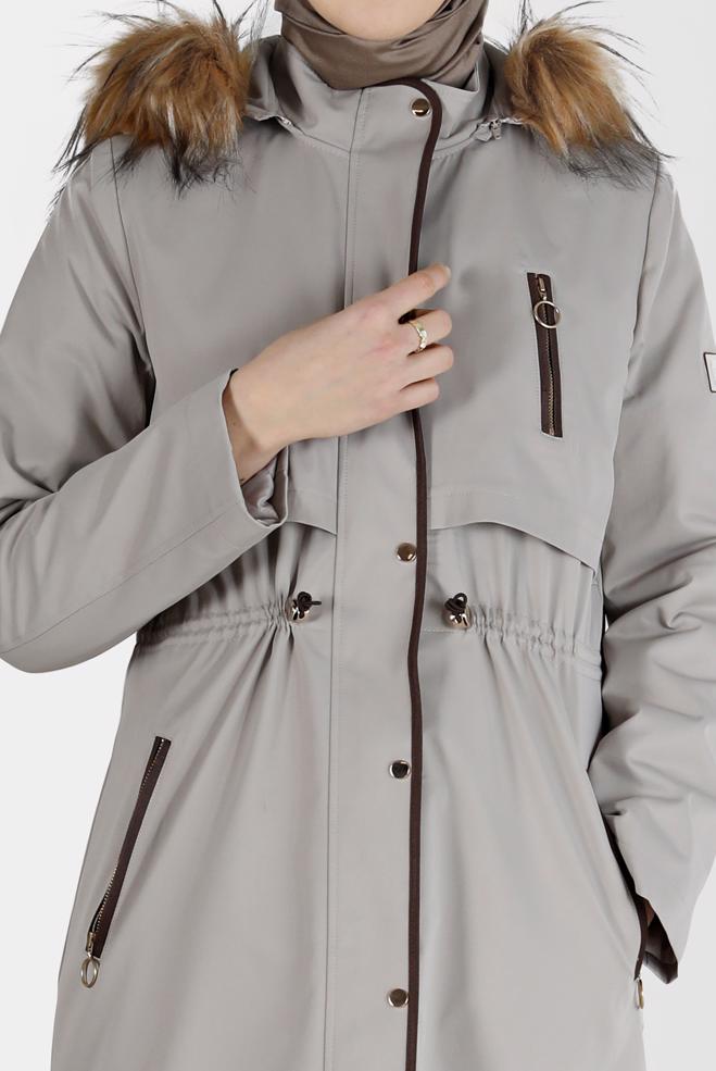 Hijab clothing BEIGE GATHERED DETAIL FURRY HOODED PARKA 90200  - ALVİNA