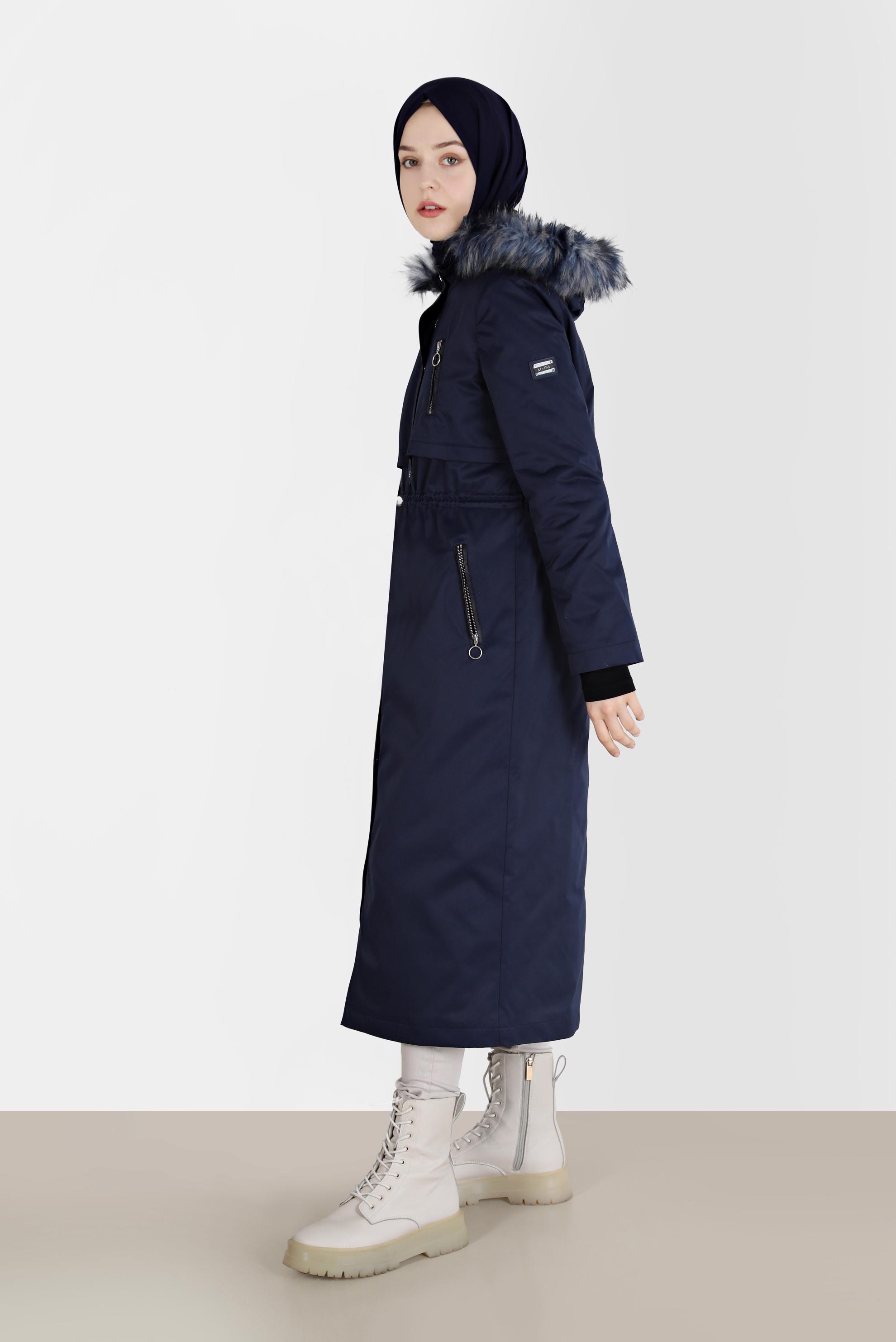Vêtements hijab BLEU MARINE PARKA À CAPUCHE FOURRURE DÉTAILS FRONÇÉS 90200