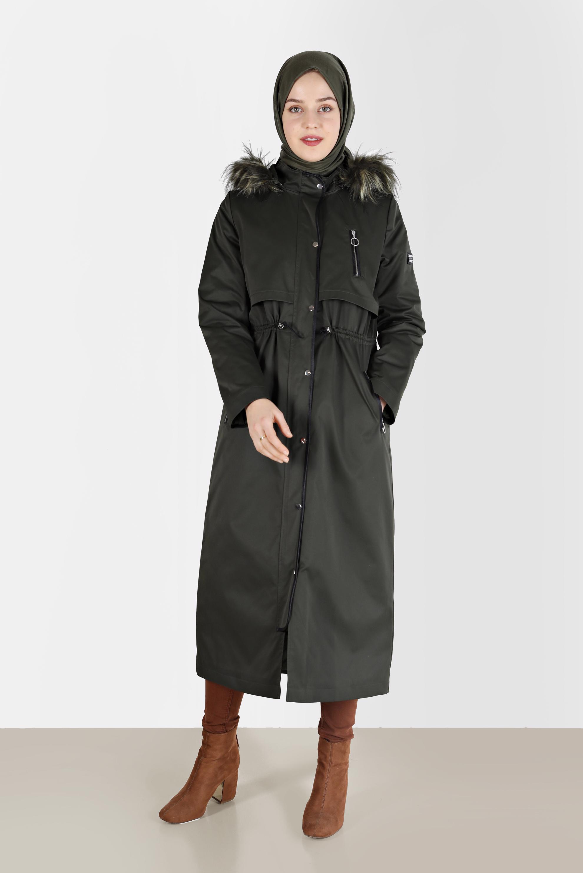 Vêtements hijab KAKI PARKA À CAPUCHE FOURRURE DÉTAILS FRONÇÉS 90200