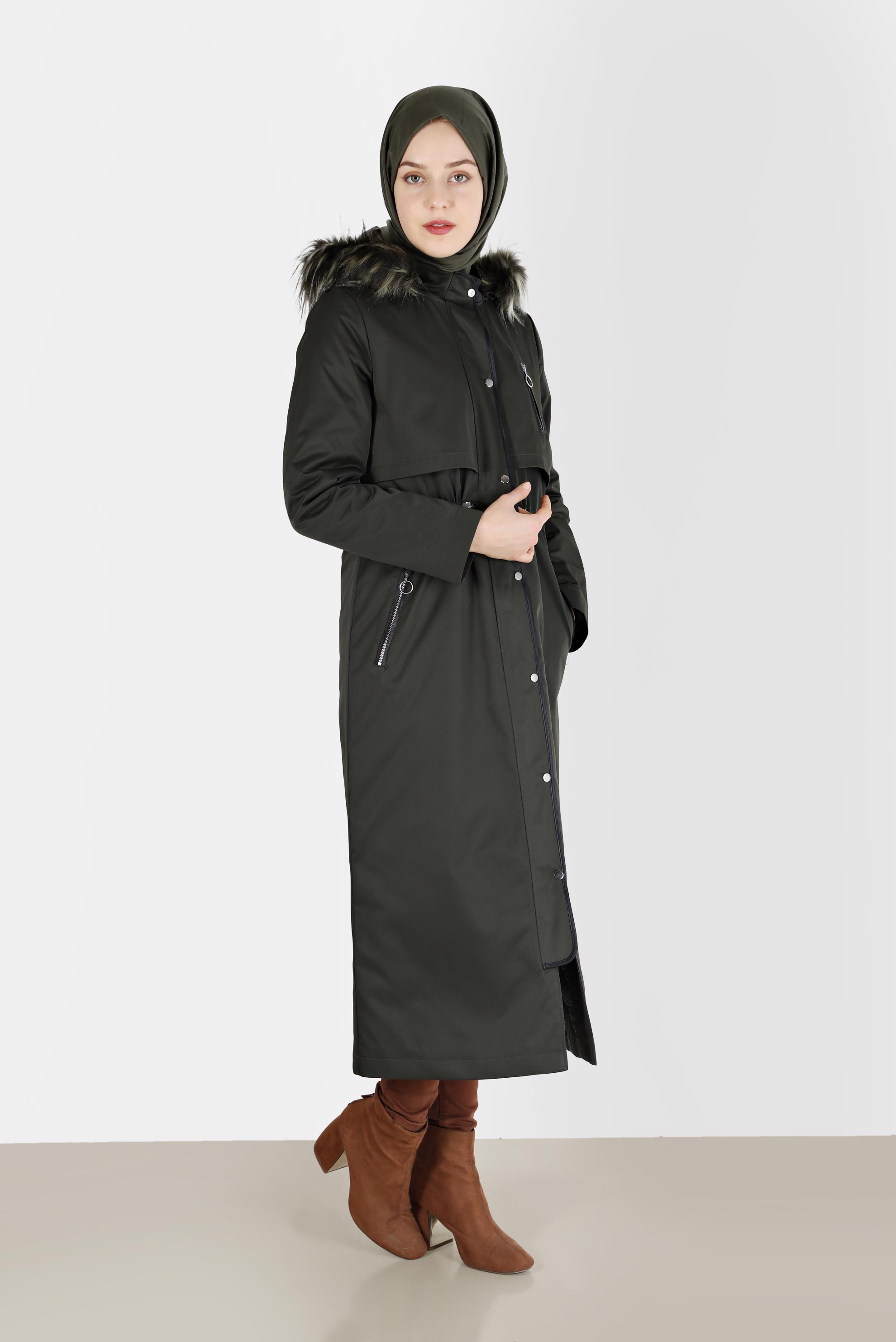 Vêtements hijab KAKI PARKA À CAPUCHE FOURRURE DÉTAILS FRONÇÉS 90200