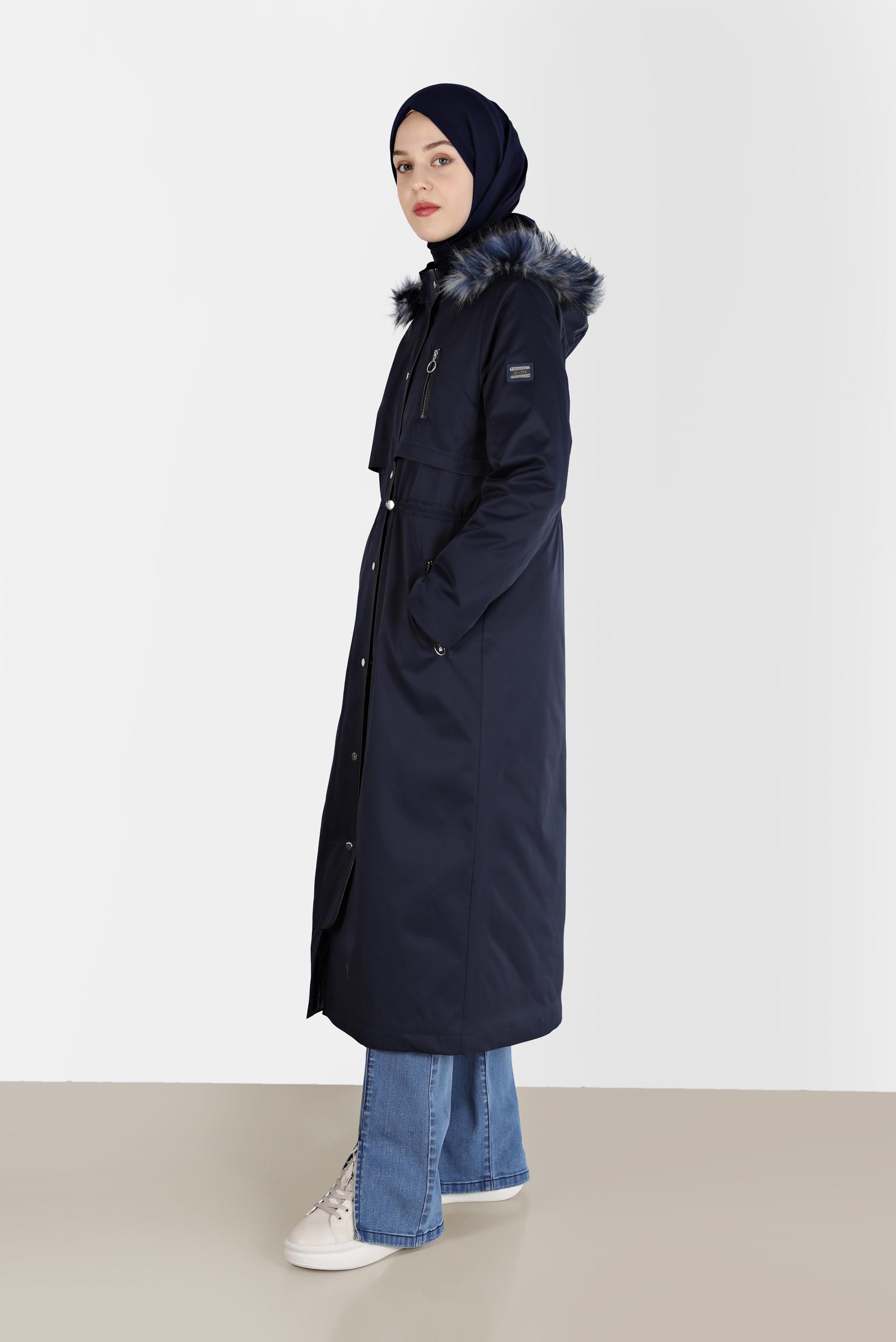 Vêtements hijab BLEU MARINE PARKA À CAPUCHE FOURRURE DÉTAILS FRONÇÉS 90200