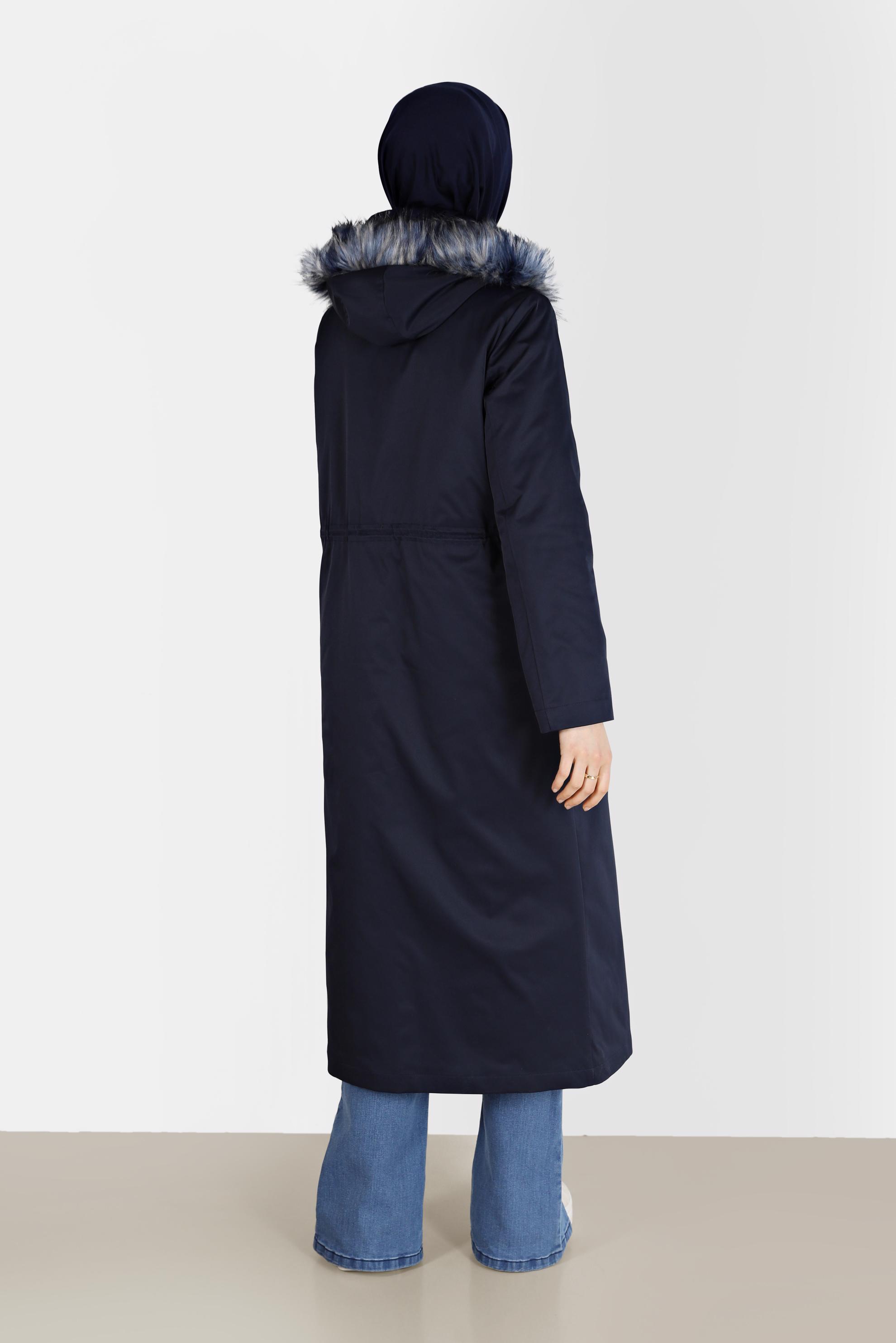 Vêtements hijab BLEU MARINE PARKA À CAPUCHE FOURRURE DÉTAILS FRONÇÉS 90200