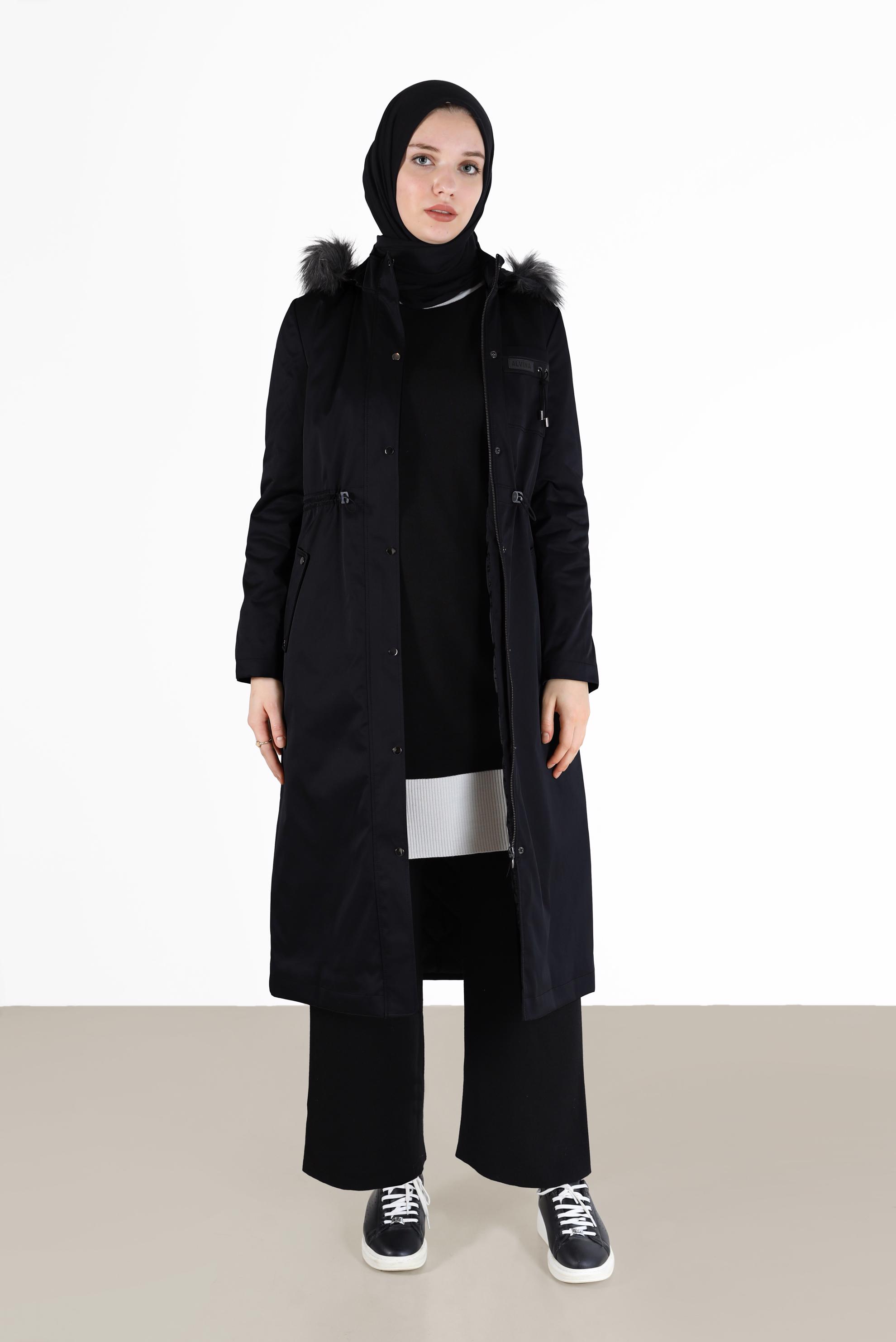 Vêtements hijab NOIR PARKA À CAPUCHE TAILLE FRONCÉE 90201