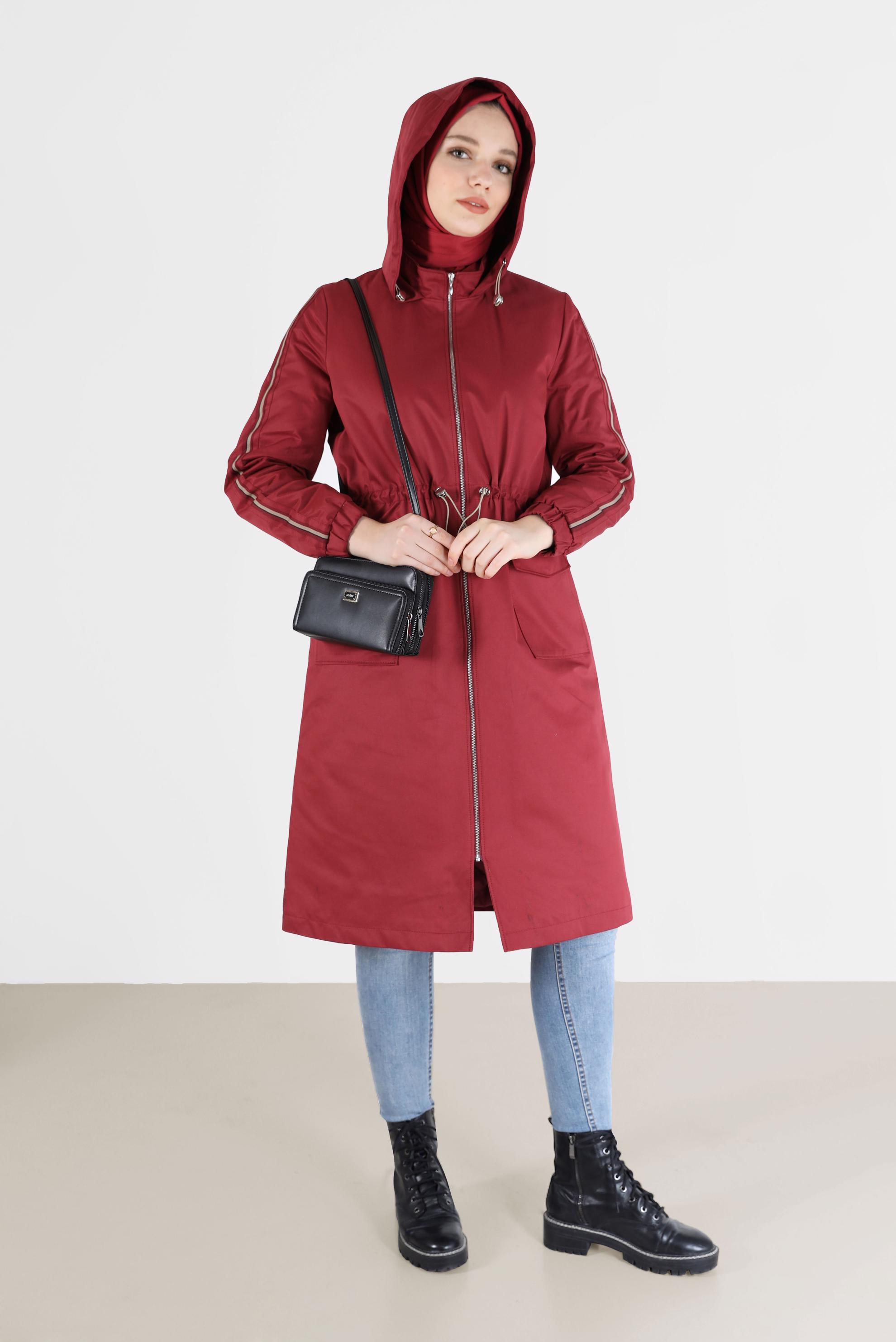 Hijab clothing CLARET RED GATHERED WAIST HOODED PARKA 90214 