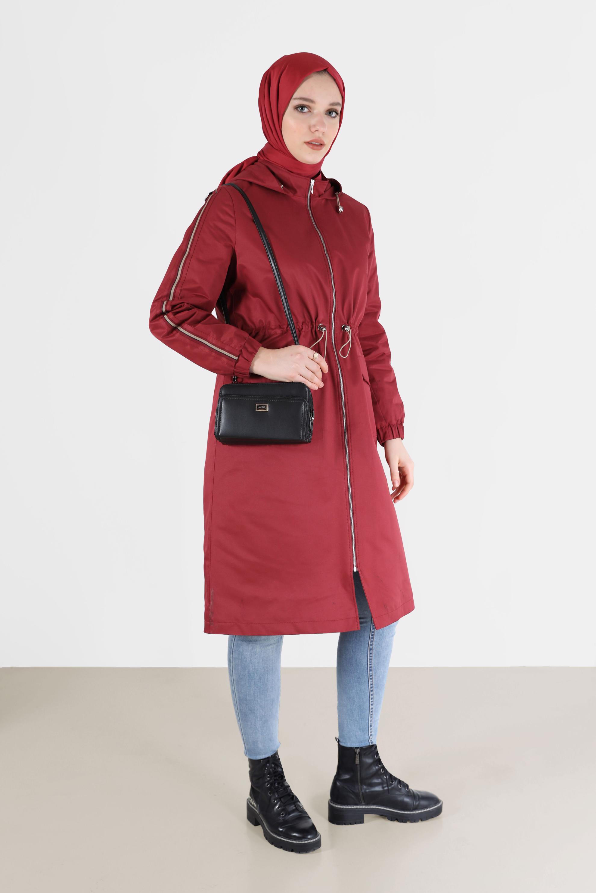 Hijab clothing CLARET RED GATHERED WAIST HOODED PARKA 90214 
