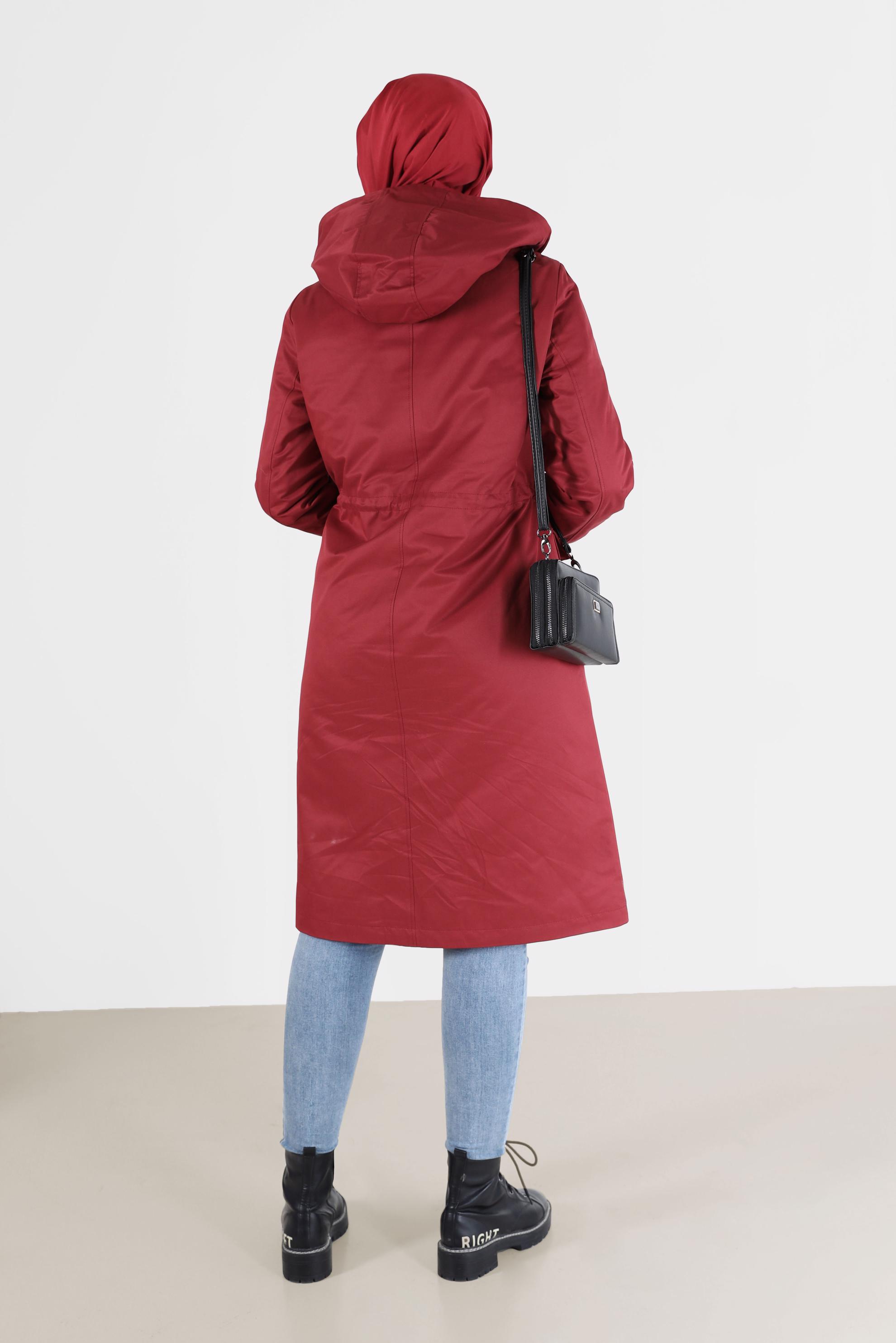 Hijab clothing CLARET RED GATHERED WAIST HOODED PARKA 90214 