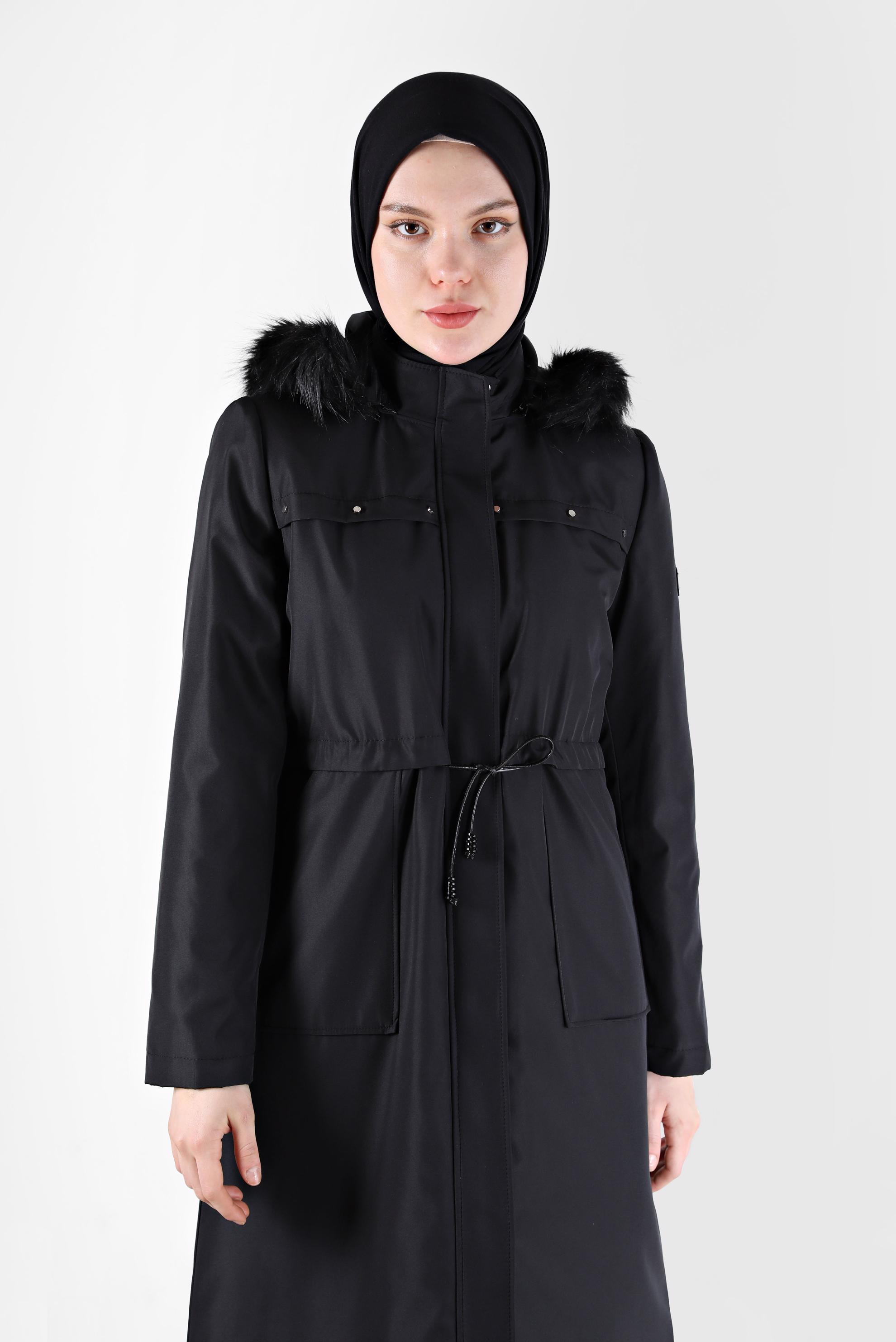Vêtements hijab NOIR PARKA À CAPUCHE FOURRURE DÉTAIL SMOCKING 90232