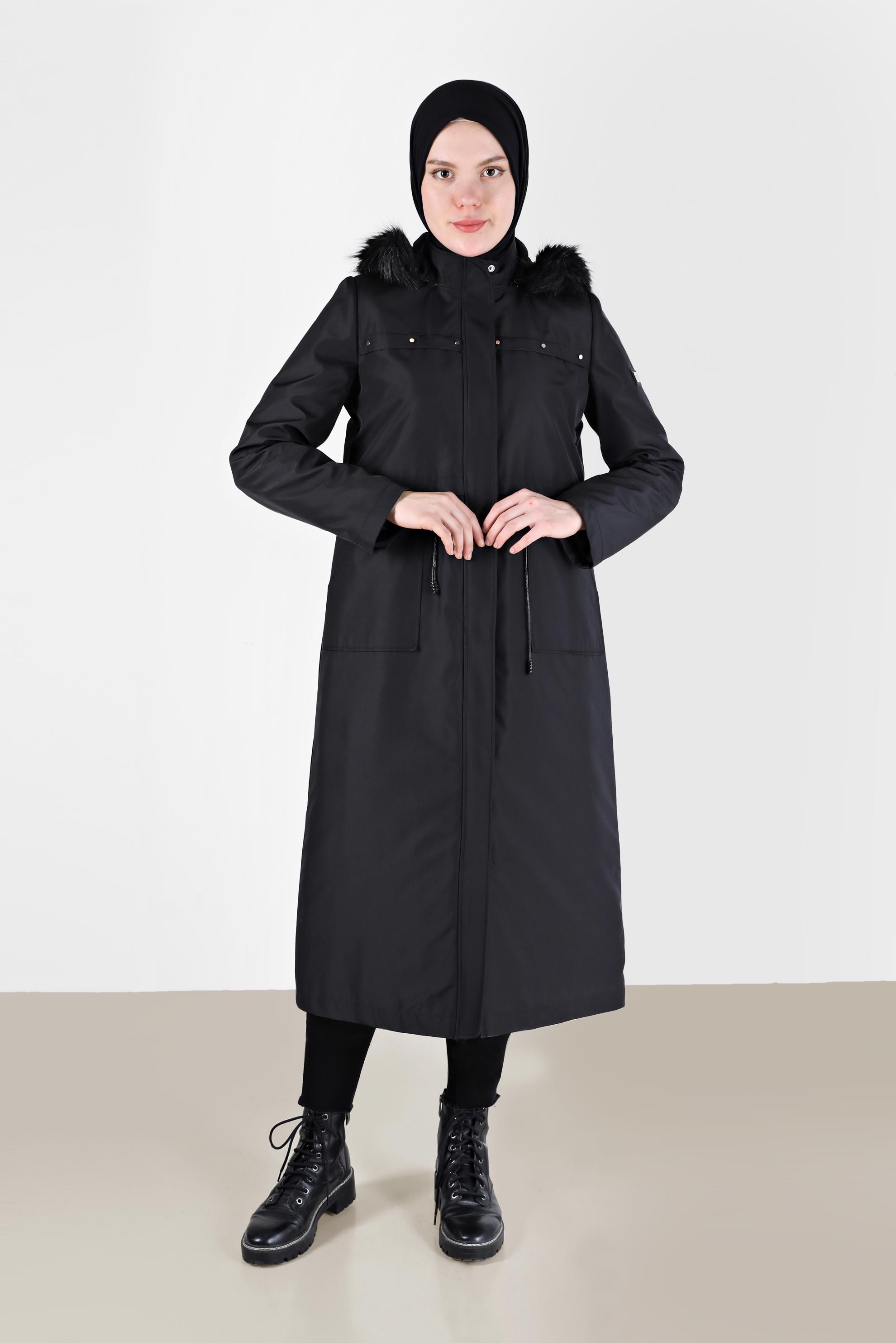 Vêtements hijab NOIR PARKA À CAPUCHE FOURRURE DÉTAIL SMOCKING 90232