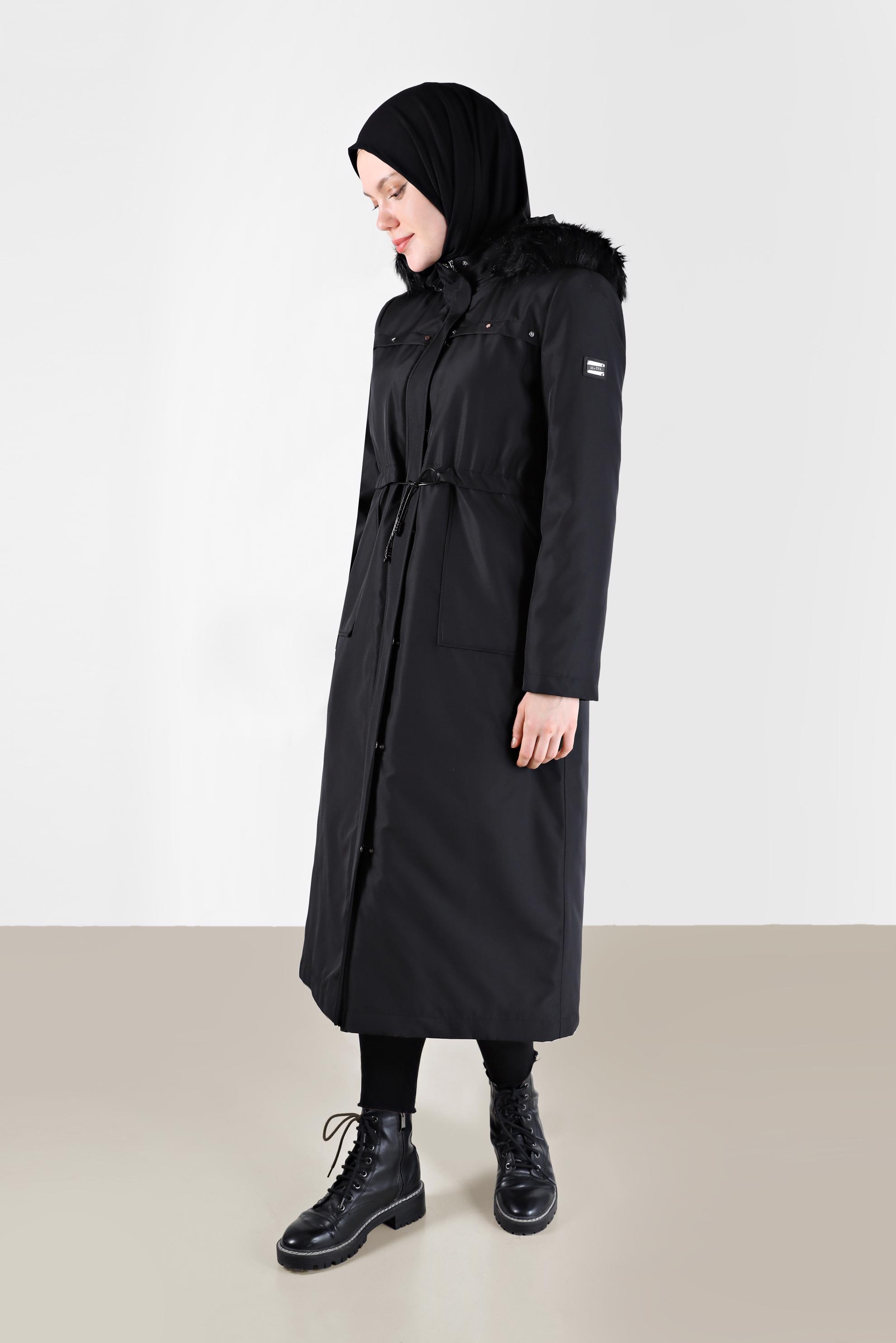 Vêtements hijab NOIR PARKA À CAPUCHE FOURRURE DÉTAIL SMOCKING 90232