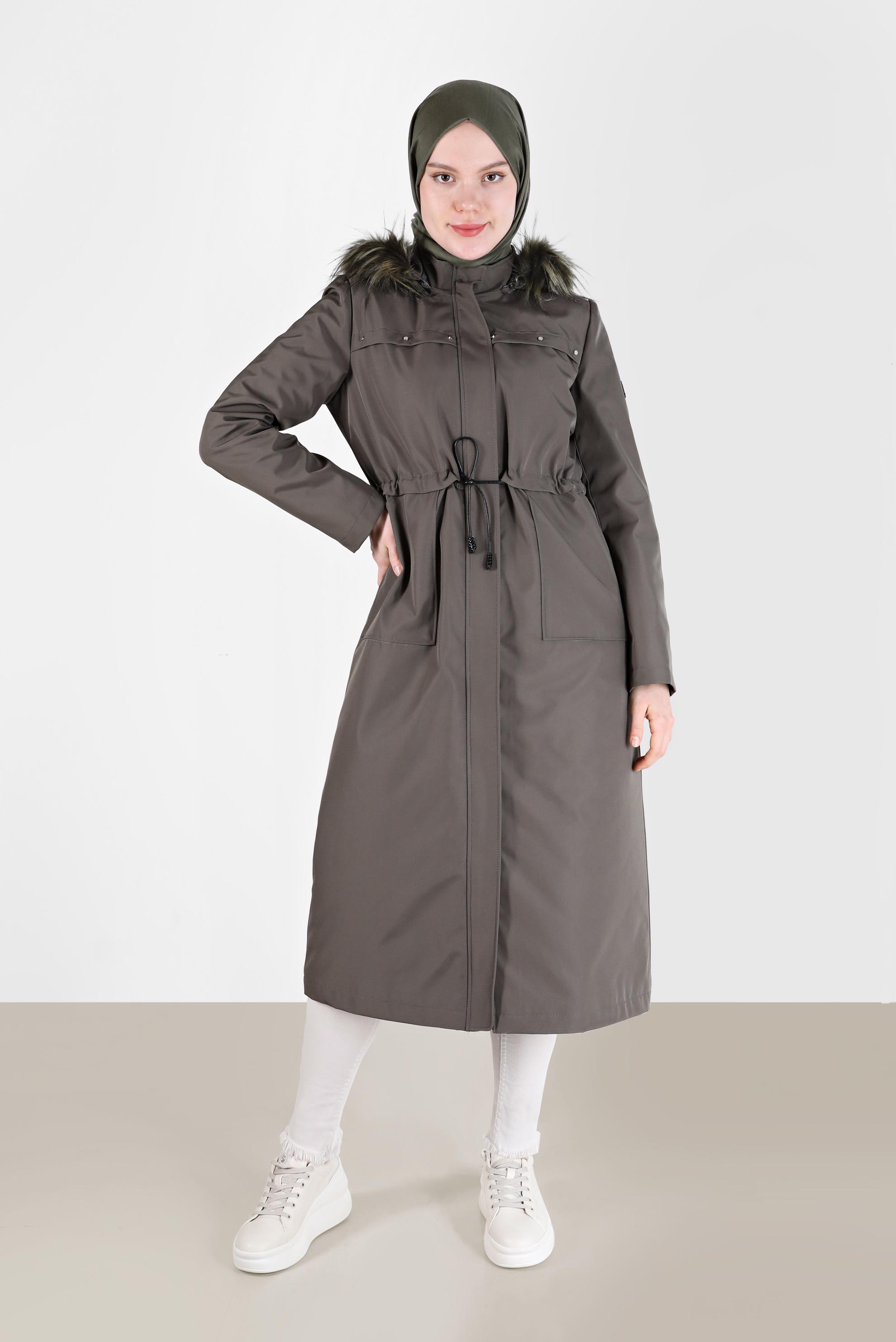 Vêtements hijab KAKI PARKA À CAPUCHE FOURRURE DÉTAIL SMOCKING 90232