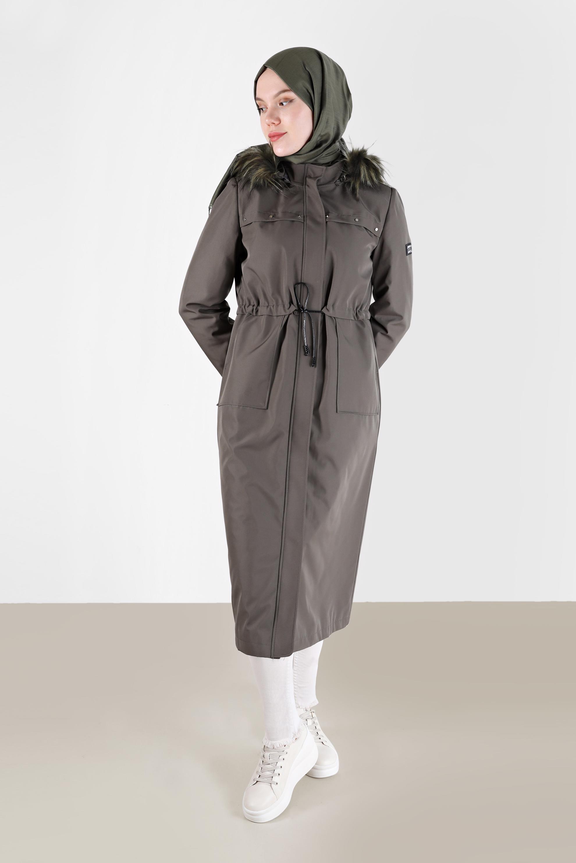 Vêtements hijab KAKI PARKA À CAPUCHE FOURRURE DÉTAIL SMOCKING 90232