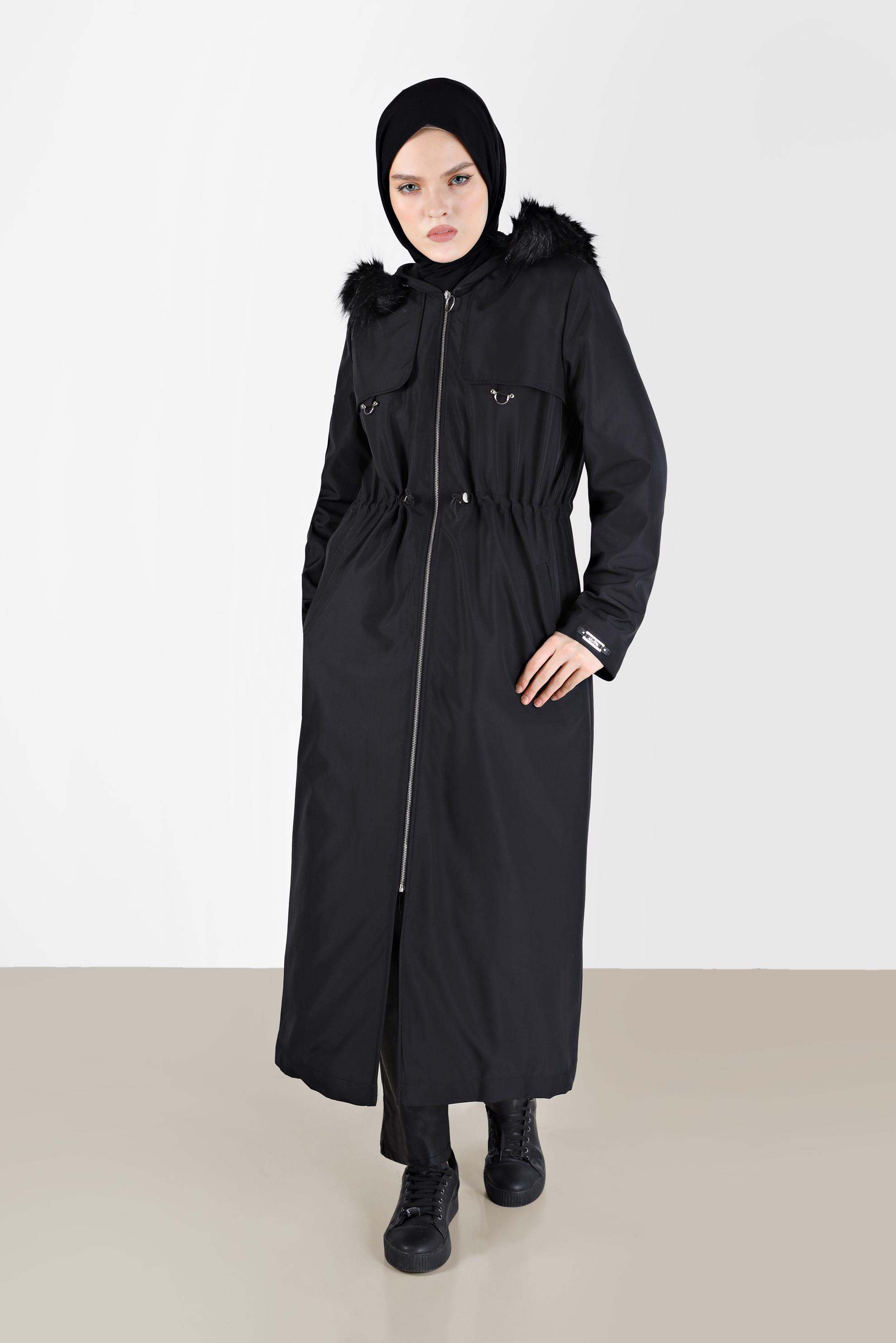 Vêtements hijab NOIR PARKA TAILLE FRONCÉE AVEC CAPUCHE FOURRURE 90237