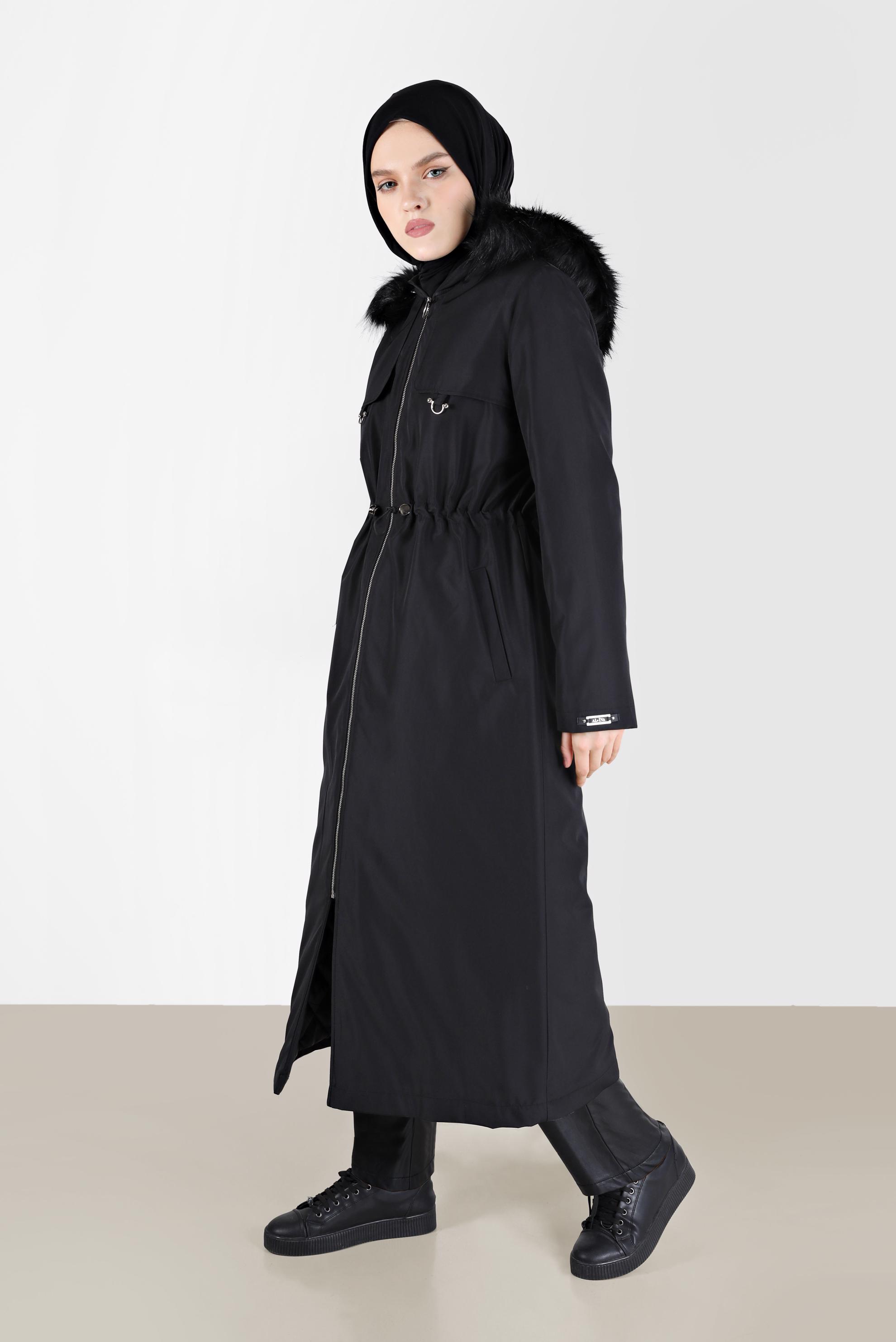 Vêtements hijab NOIR PARKA TAILLE FRONCÉE AVEC CAPUCHE FOURRURE 90237