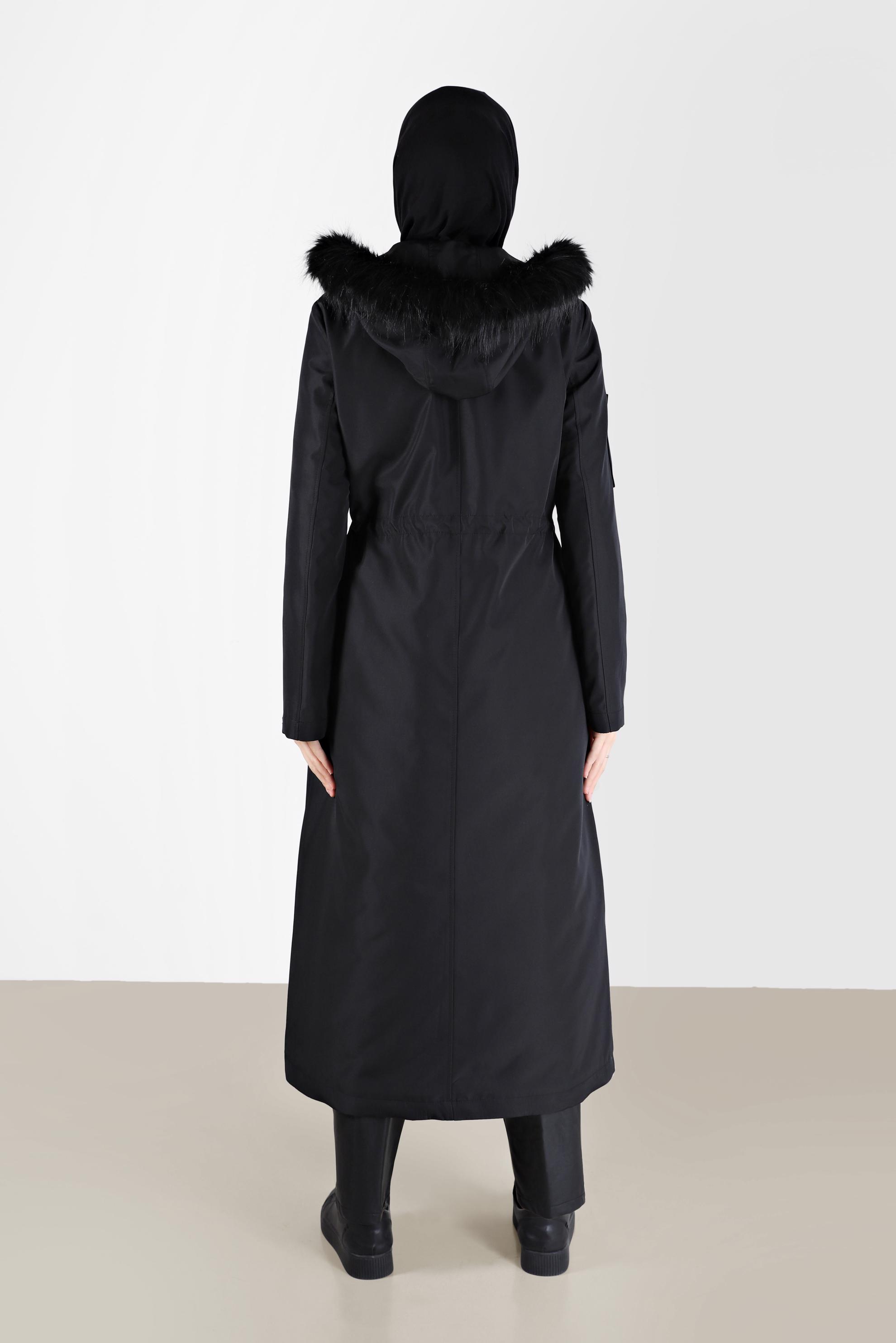 Vêtements hijab NOIR PARKA TAILLE FRONCÉE AVEC CAPUCHE FOURRURE 90237