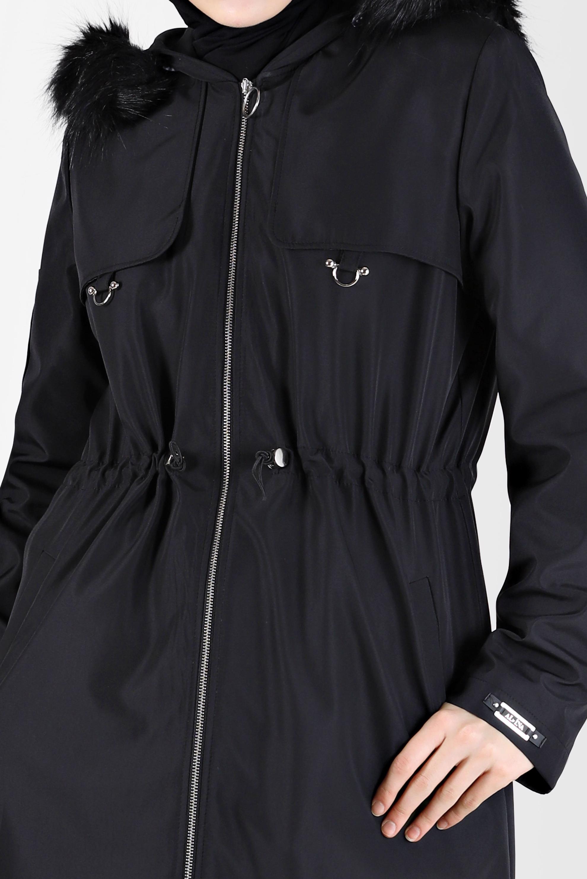 Vêtements hijab NOIR PARKA TAILLE FRONCÉE AVEC CAPUCHE FOURRURE 90237