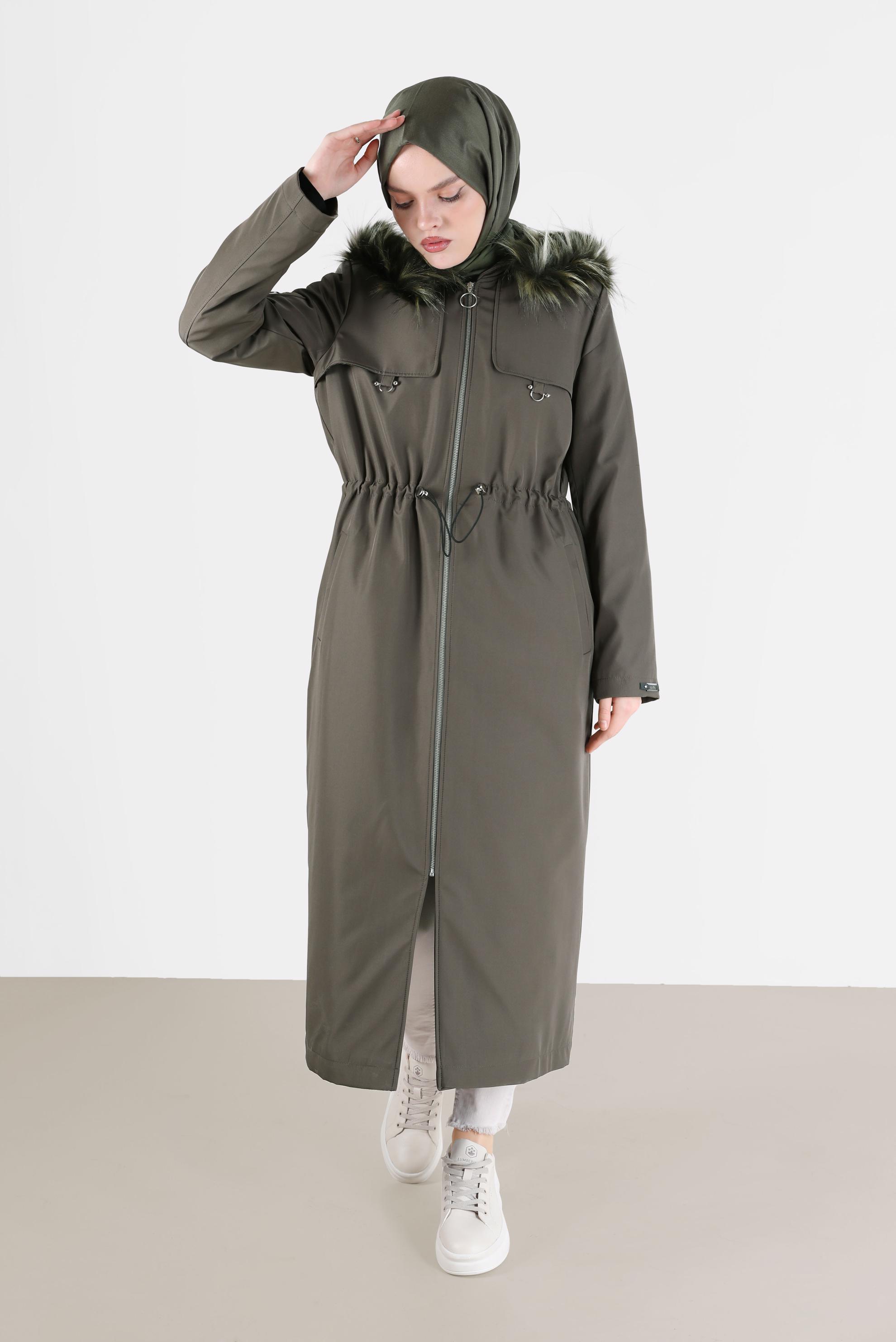 Vêtements hijab KAKI PARKA TAILLE FRONCÉE AVEC CAPUCHE FOURRURE 90237