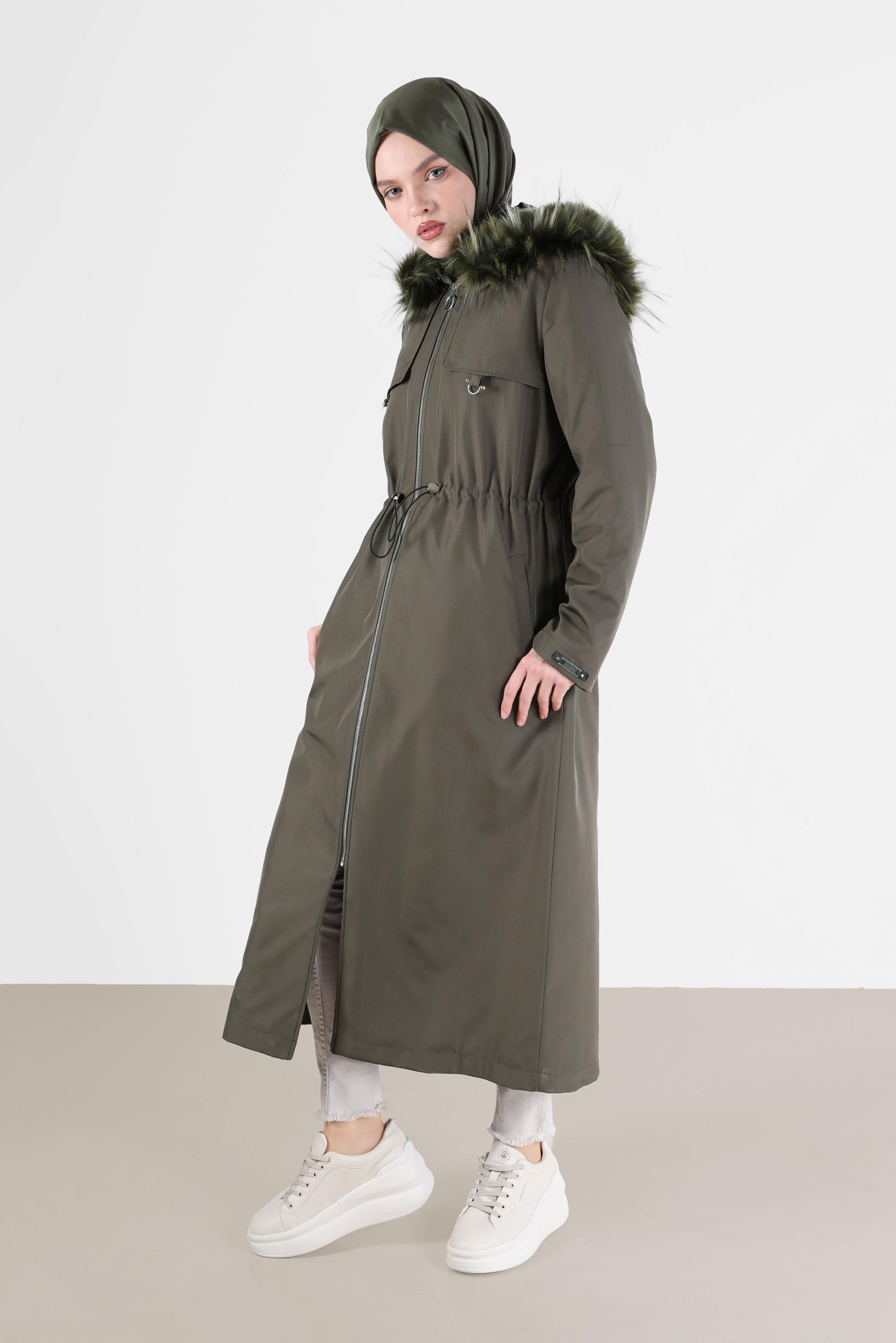 Vêtements hijab KAKI PARKA TAILLE FRONCÉE AVEC CAPUCHE FOURRURE 90237