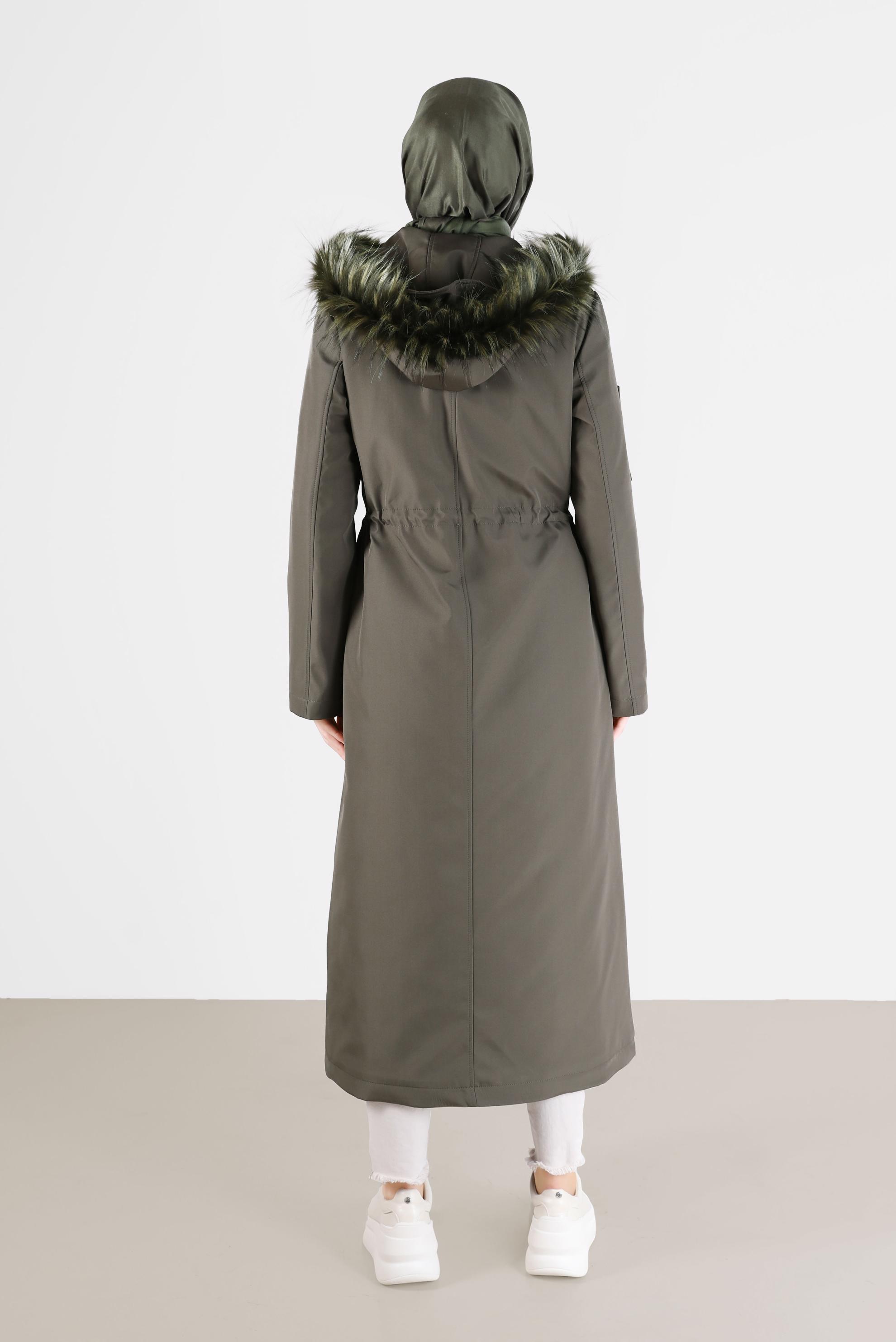 Vêtements hijab KAKI PARKA TAILLE FRONCÉE AVEC CAPUCHE FOURRURE 90237
