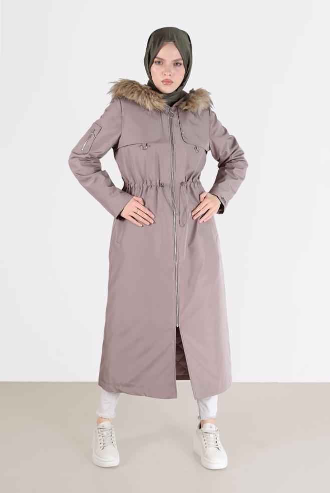 Hijab clothing BROWN FURRY HOOD DETAIL GATHERED WAIST PARKA 90237  - ALVİNA