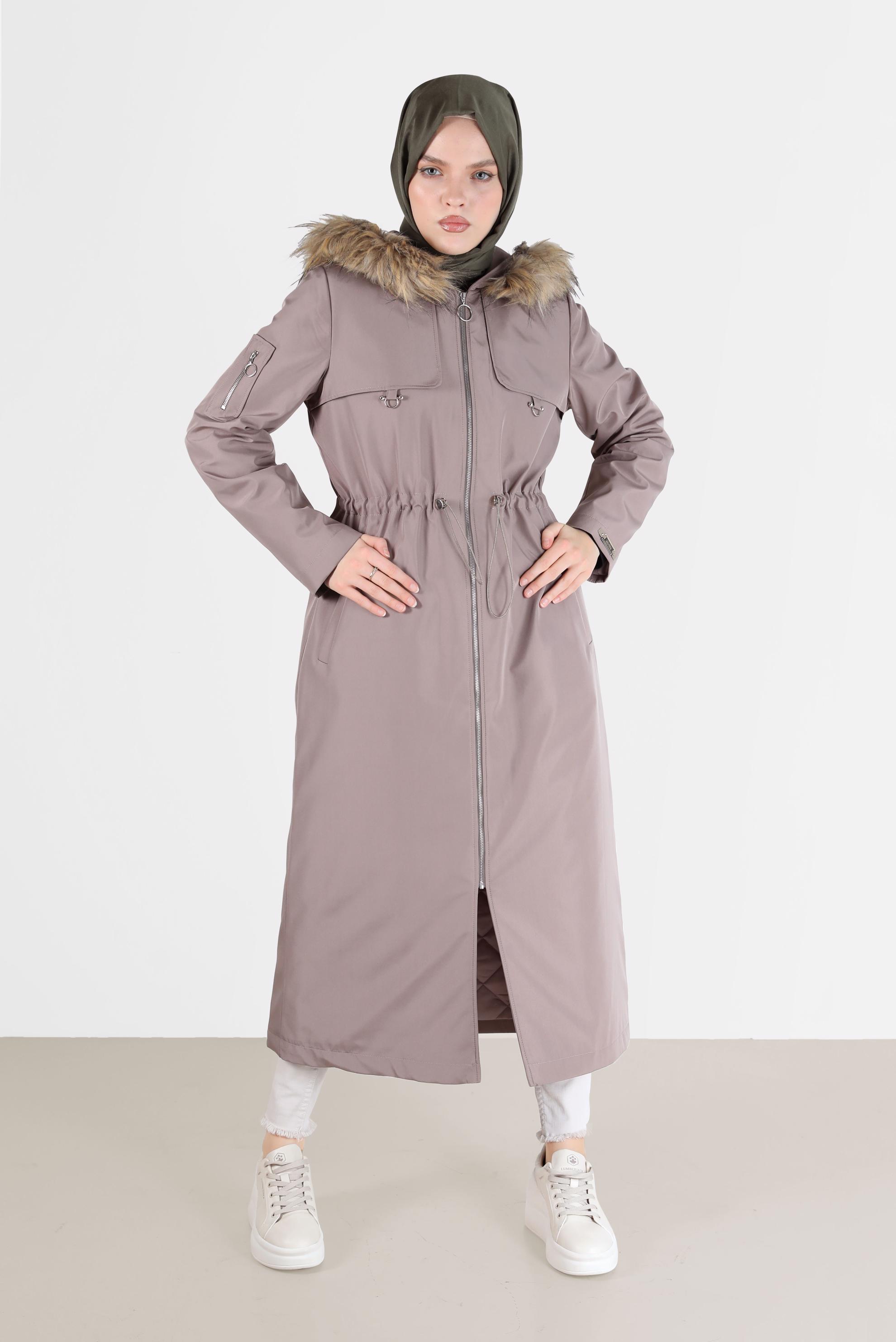 Hijab clothing BROWN FURRY HOOD DETAIL GATHERED WAIST PARKA 90237 