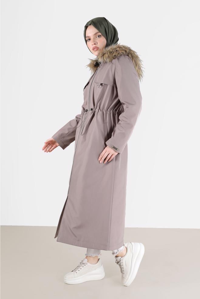 Hijab clothing BROWN FURRY HOOD DETAIL GATHERED WAIST PARKA 90237  - ALVİNA