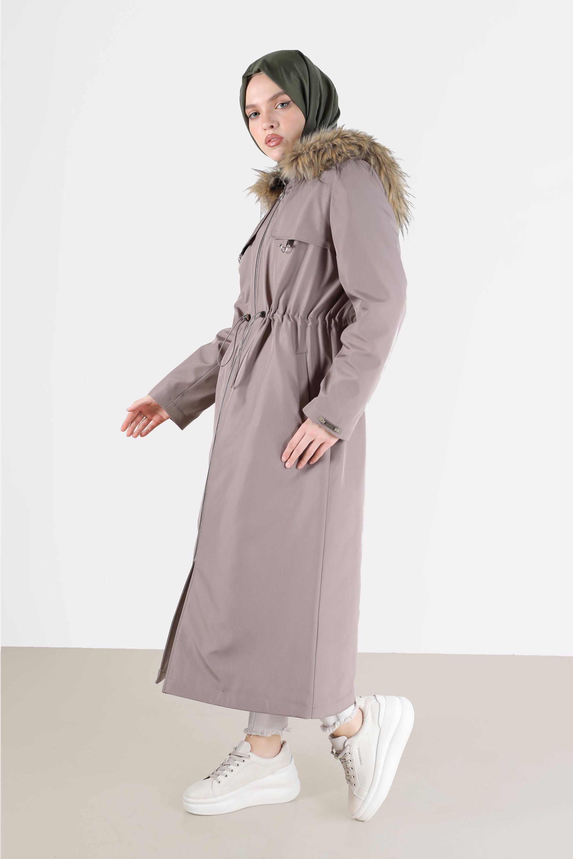 Hijab clothing BROWN FURRY HOOD DETAIL GATHERED WAIST PARKA 90237 