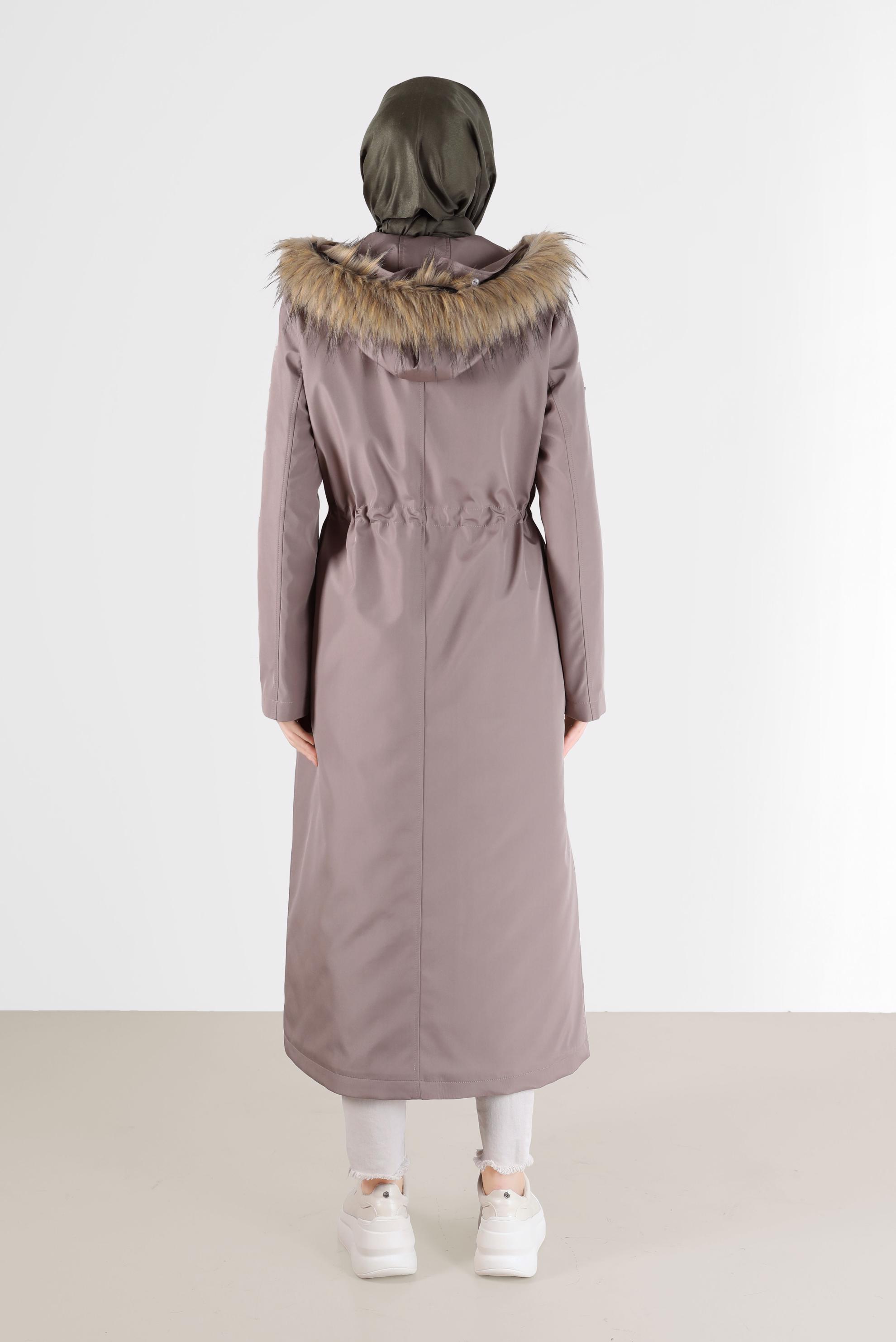 Hijab clothing BROWN FURRY HOOD DETAIL GATHERED WAIST PARKA 90237 