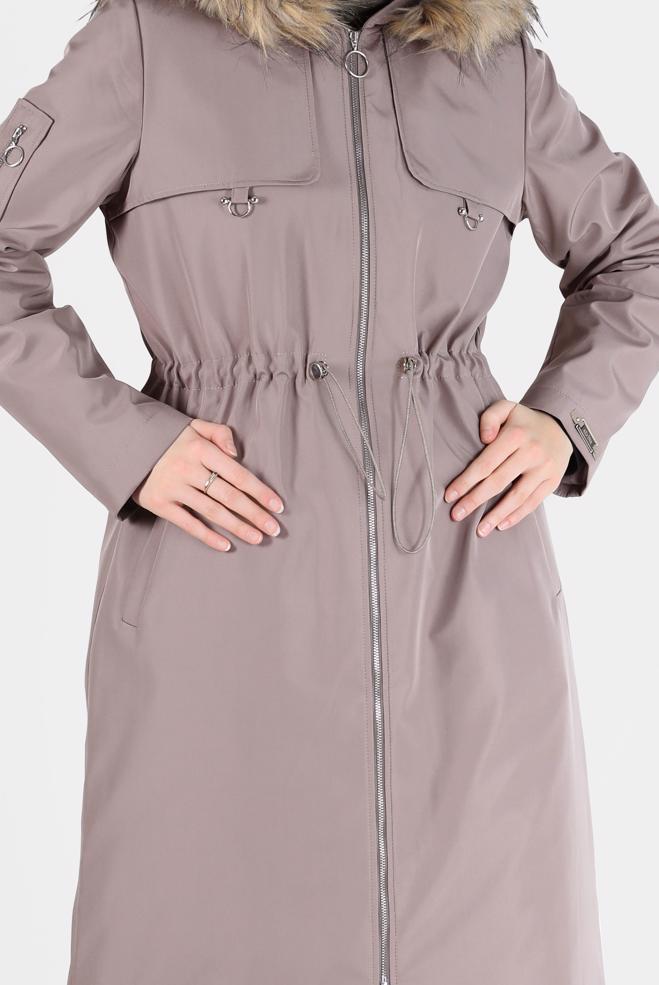 Hijab clothing BROWN FURRY HOOD DETAIL GATHERED WAIST PARKA 90237  - ALVİNA