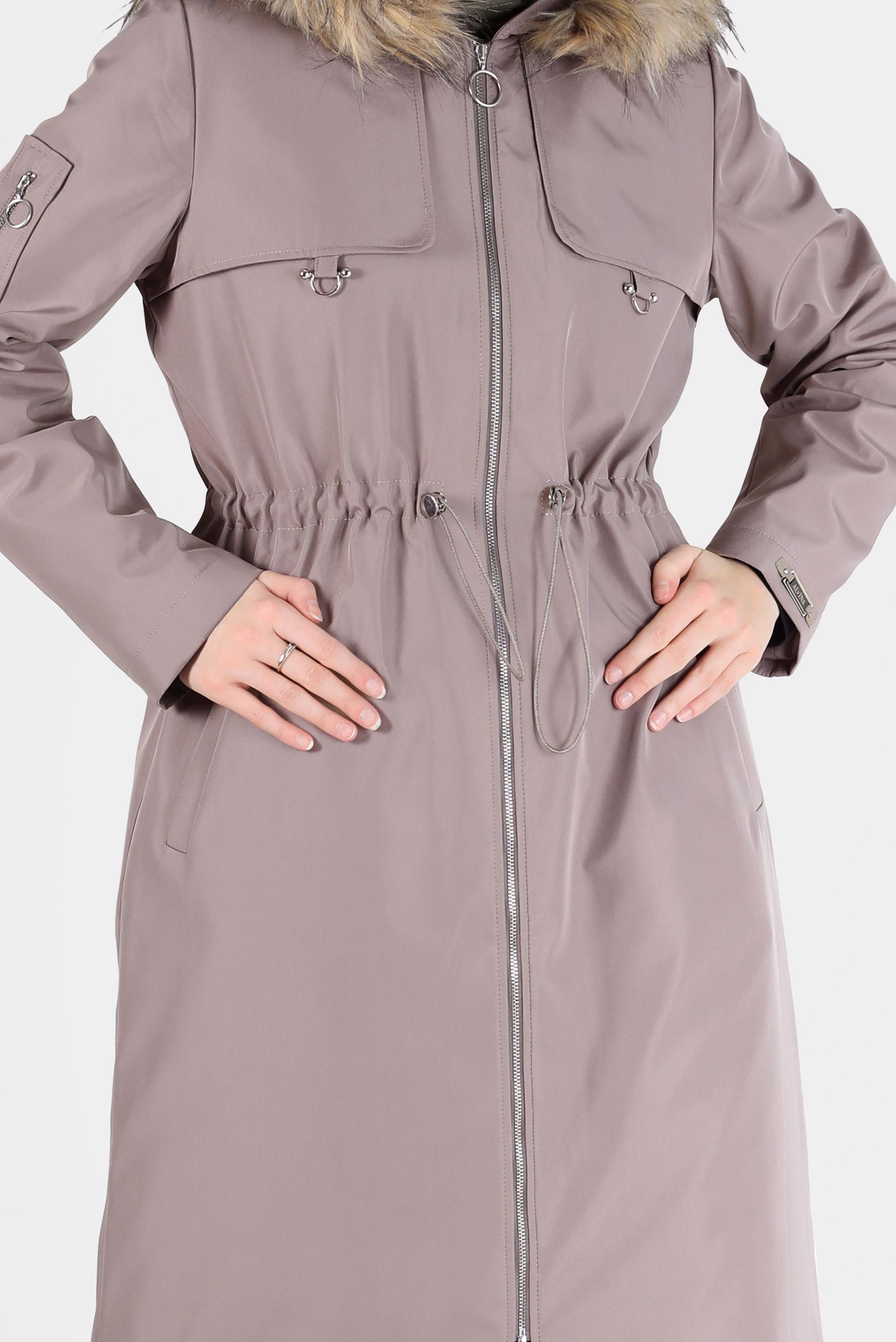 Hijab clothing BROWN FURRY HOOD DETAIL GATHERED WAIST PARKA 90237 