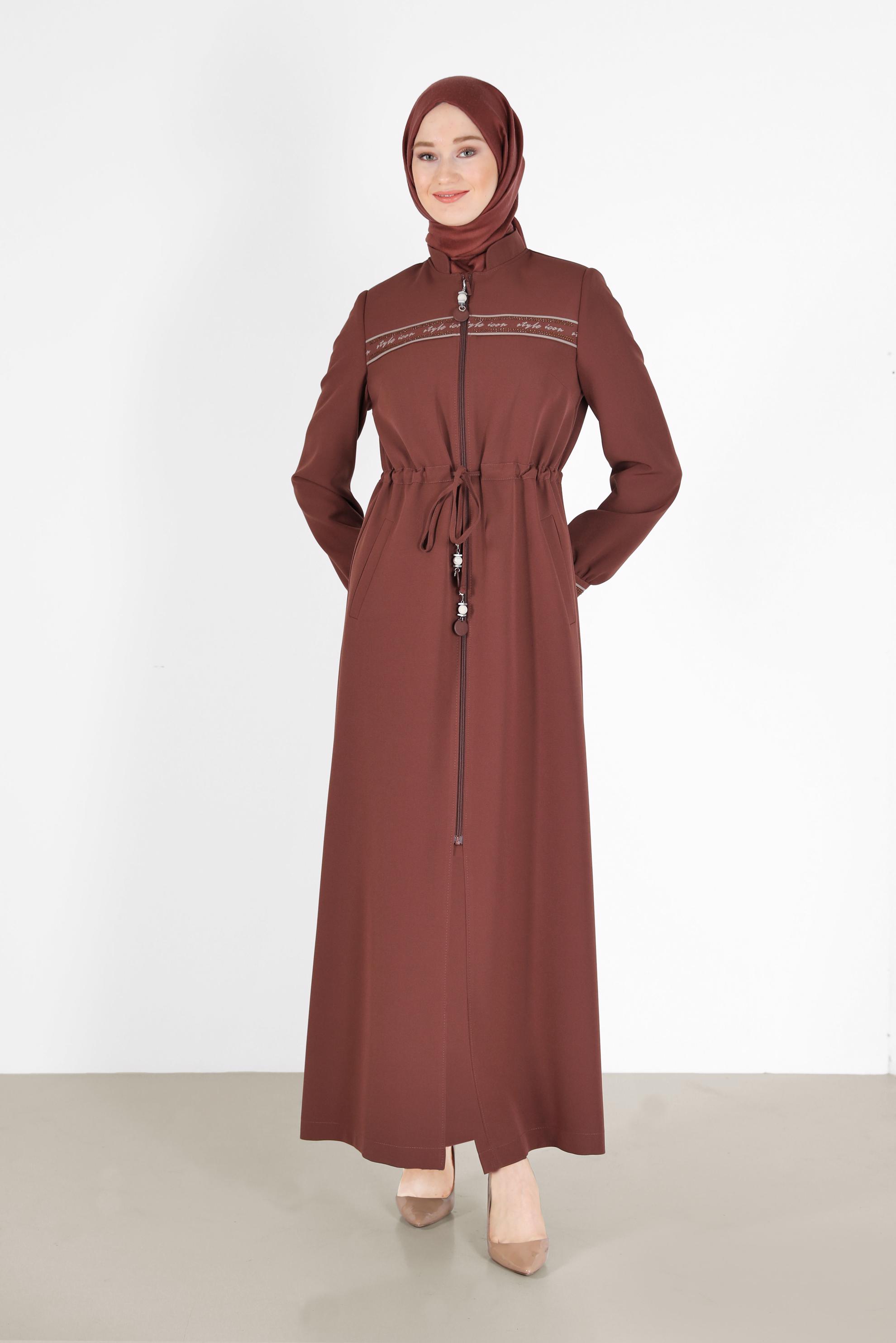 Tesettür giyim TURUNCU YAZI BASKILI BELİ BÜZGÜLÜ PARDESÜ 10475 