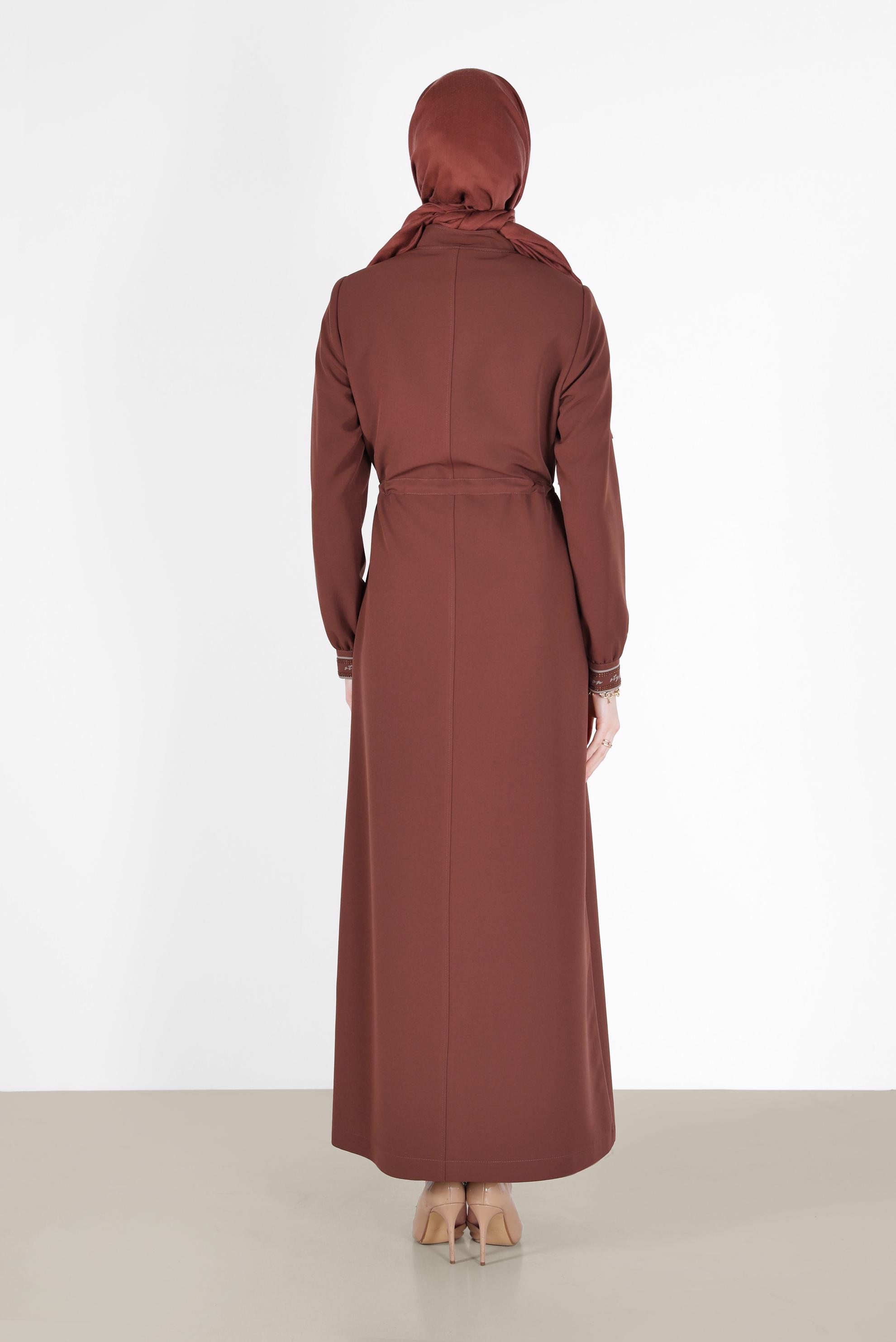 Tesettür giyim TURUNCU YAZI BASKILI BELİ BÜZGÜLÜ PARDESÜ 10475 