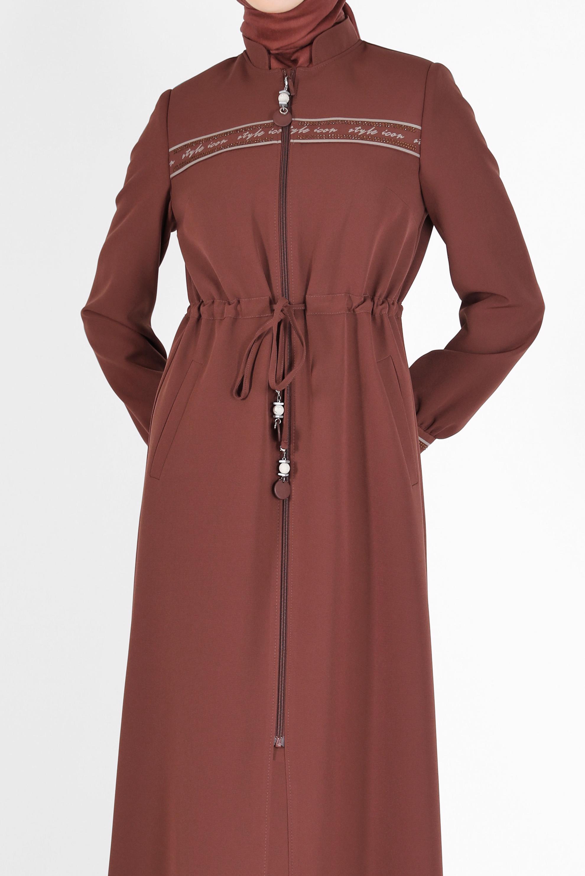 Tesettür giyim TURUNCU YAZI BASKILI BELİ BÜZGÜLÜ PARDESÜ 10475 