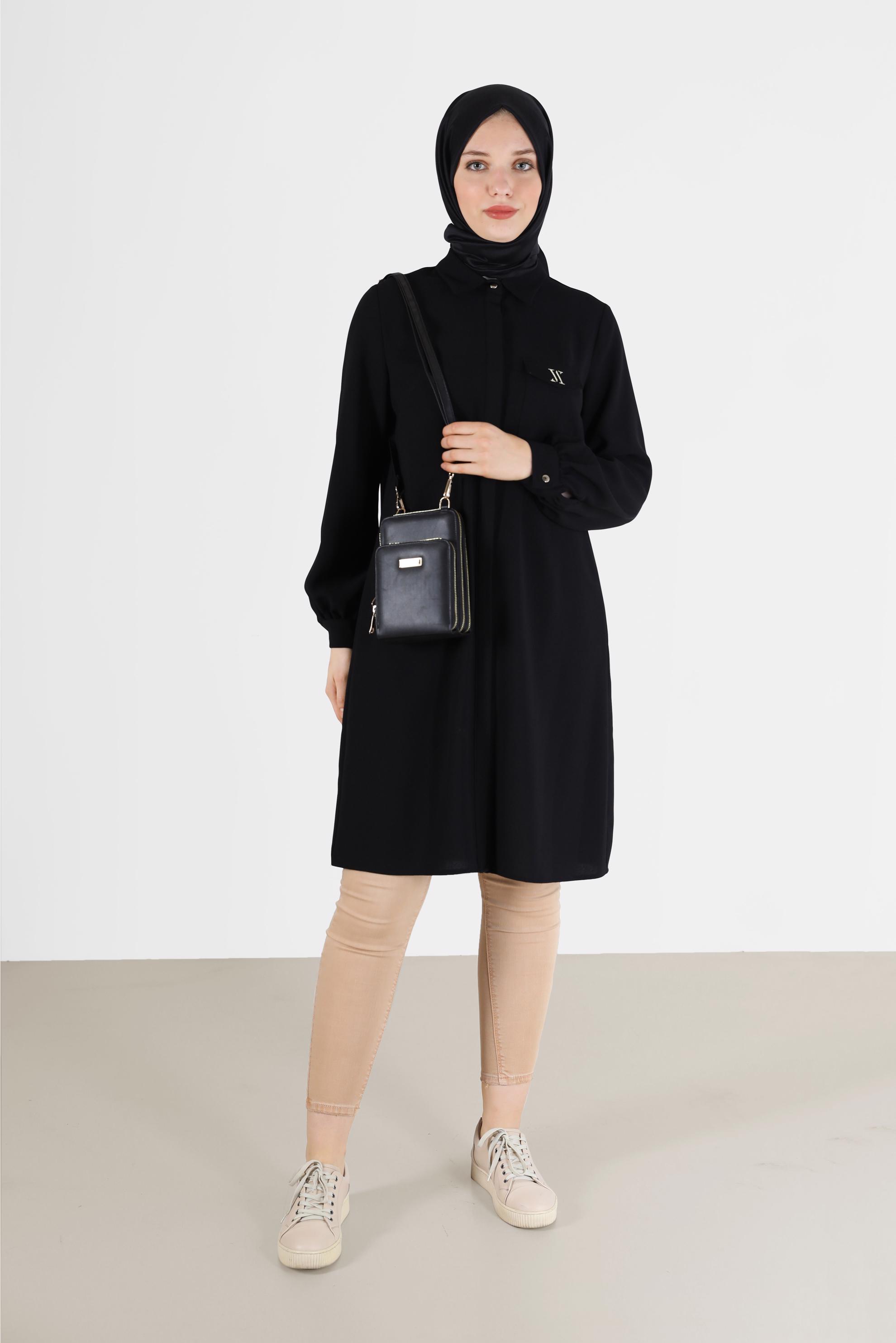 Tesettür giyim SİYAH GİZLİ DÜĞMELİ KREP TUNİK 42288 