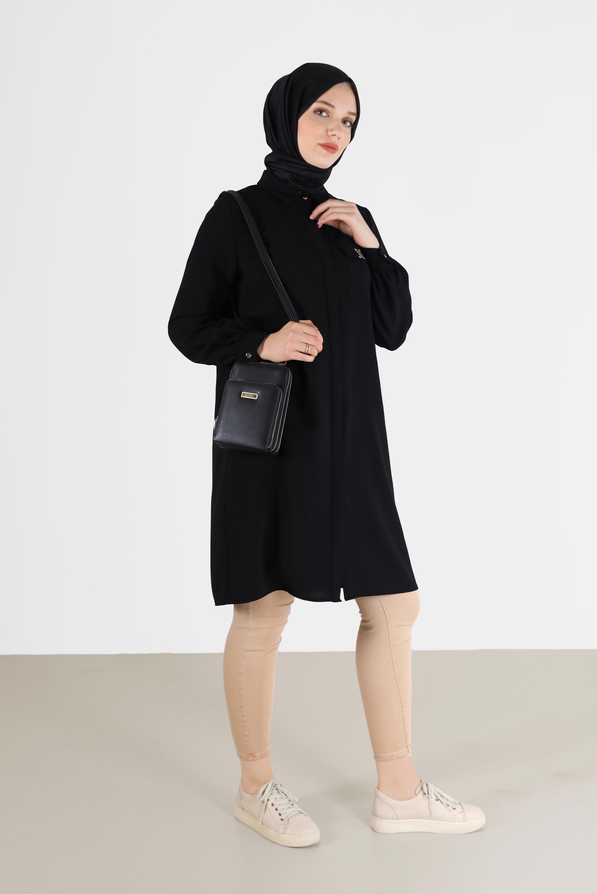 Tesettür giyim SİYAH GİZLİ DÜĞMELİ KREP TUNİK 42288 