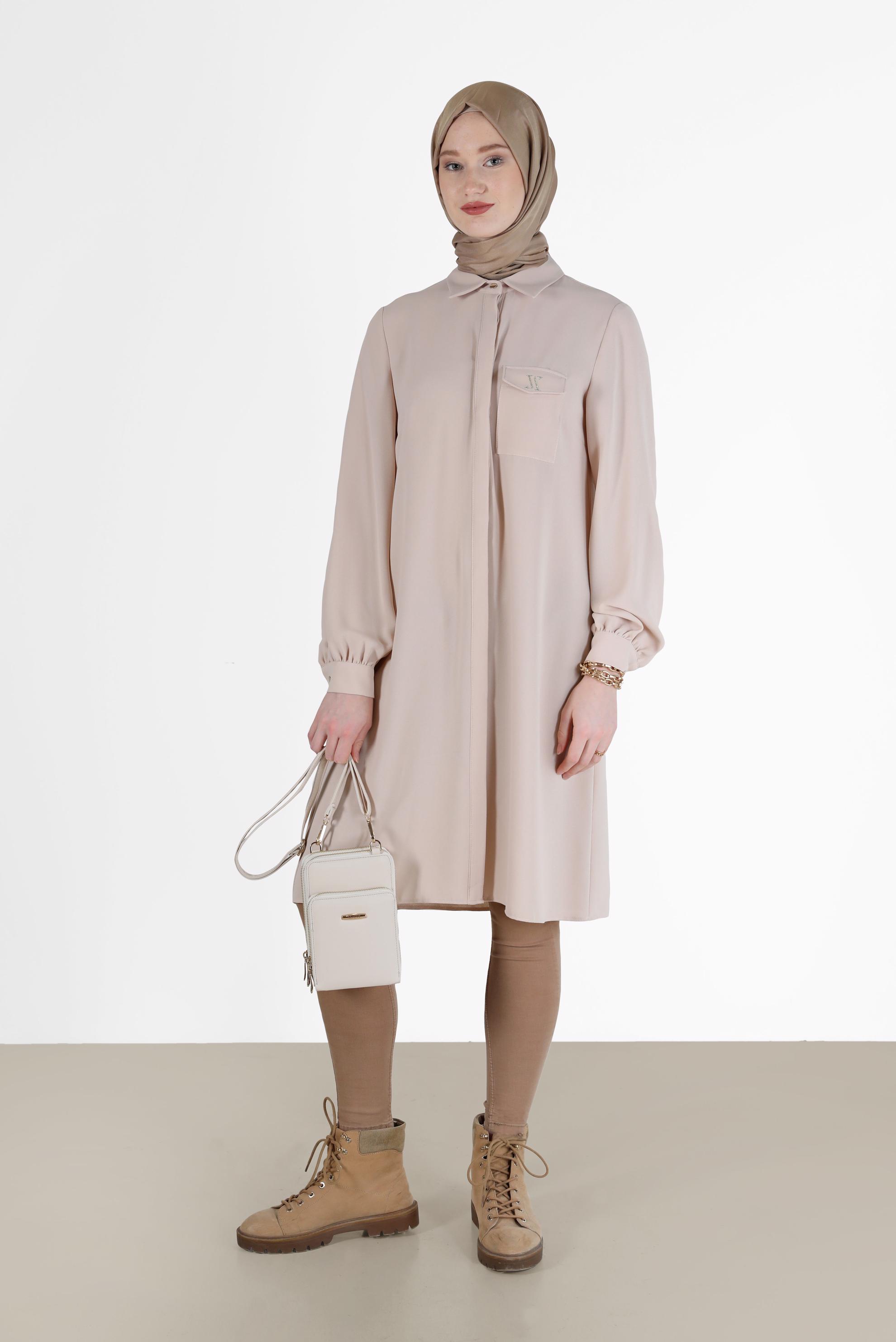 Hijab clothing BEIGE INVISIBLE BUTTONED CREPE TUNIC 42288 