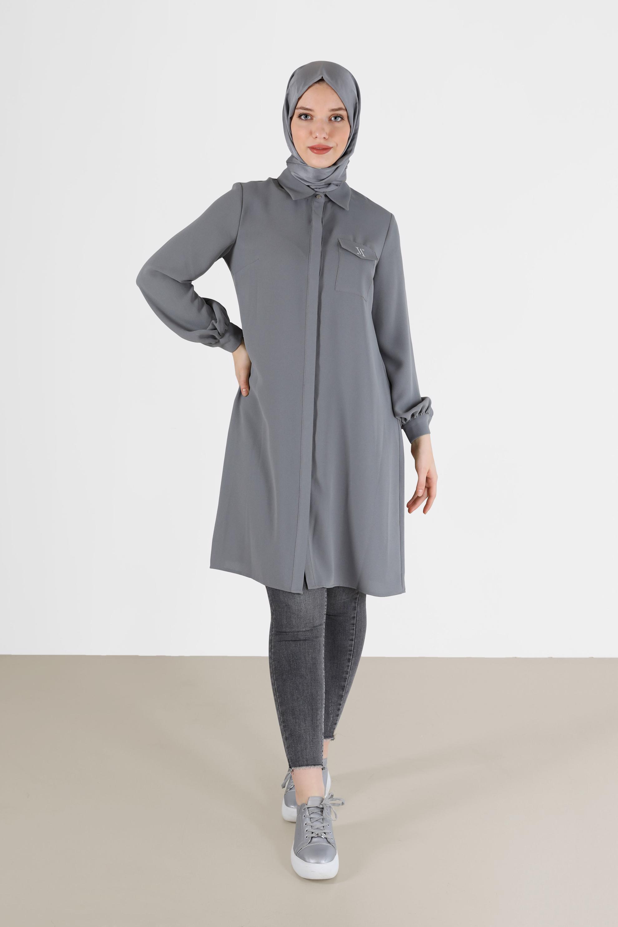 Tesettür giyim GRİ GİZLİ DÜĞMELİ KREP TUNİK 42288 