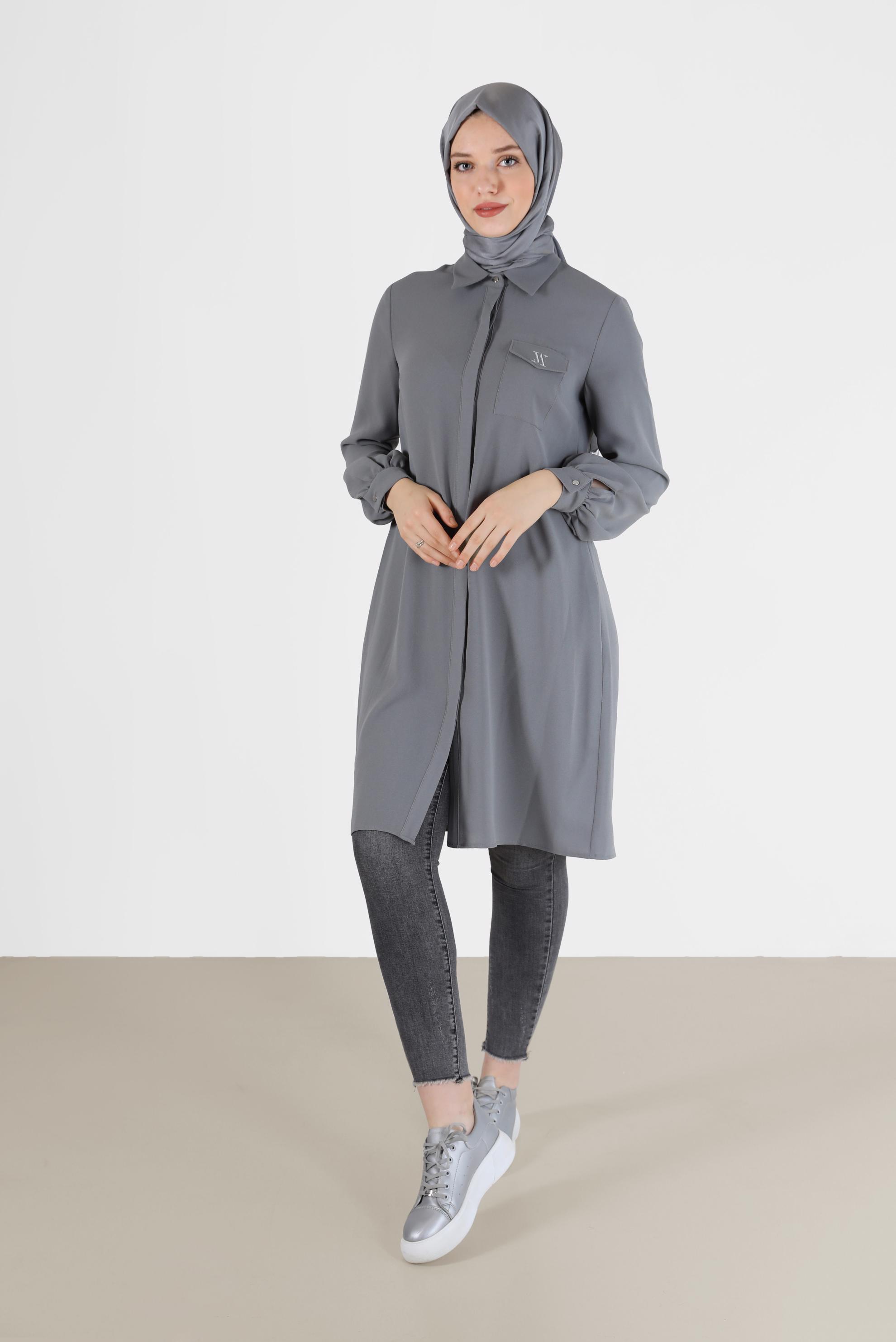 Tesettür giyim GRİ GİZLİ DÜĞMELİ KREP TUNİK 42288 