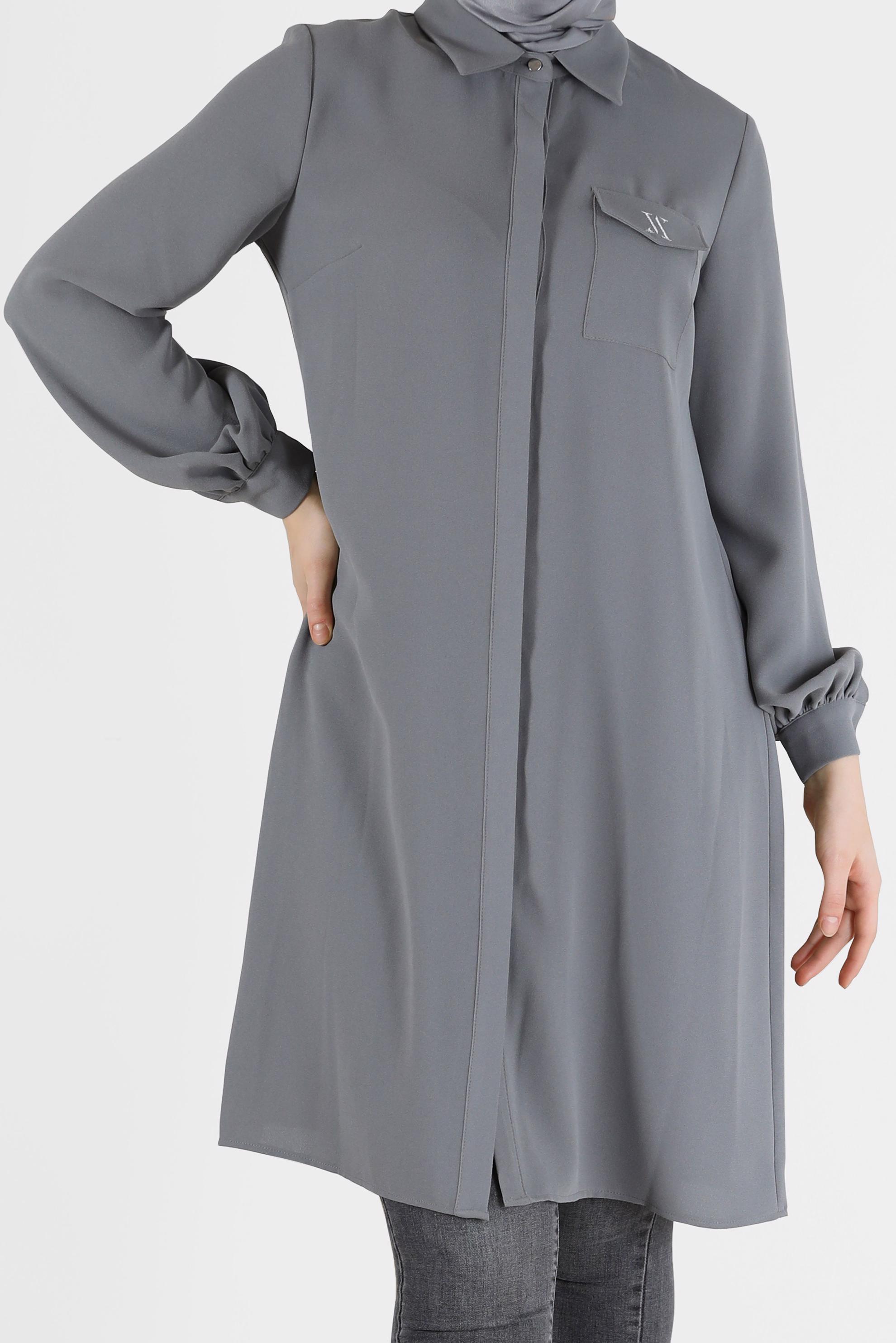 Tesettür giyim GRİ GİZLİ DÜĞMELİ KREP TUNİK 42288 