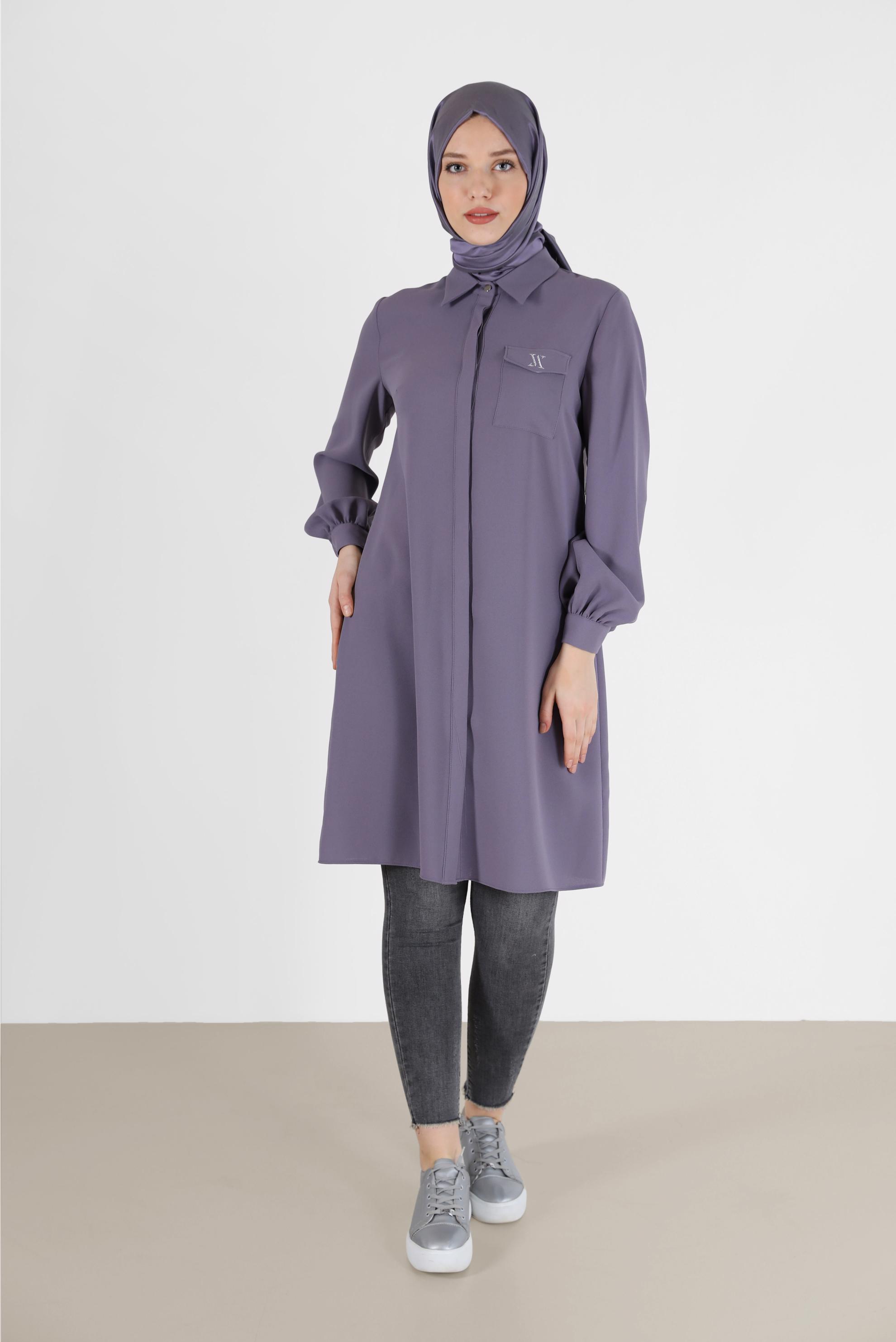 Tesettür giyim MOR GİZLİ DÜĞMELİ KREP TUNİK 42288 
