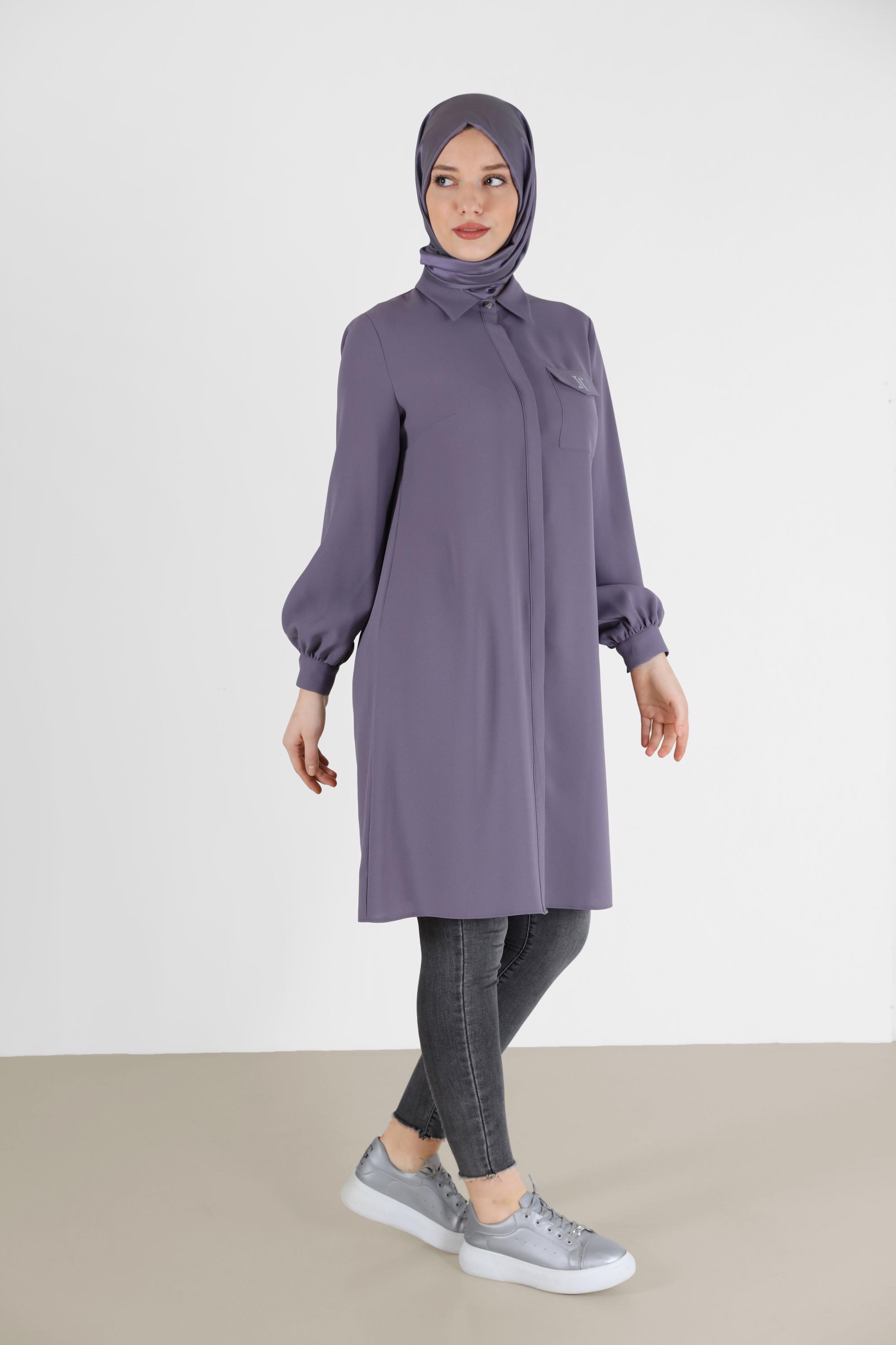 Tesettür giyim MOR GİZLİ DÜĞMELİ KREP TUNİK 42288 
