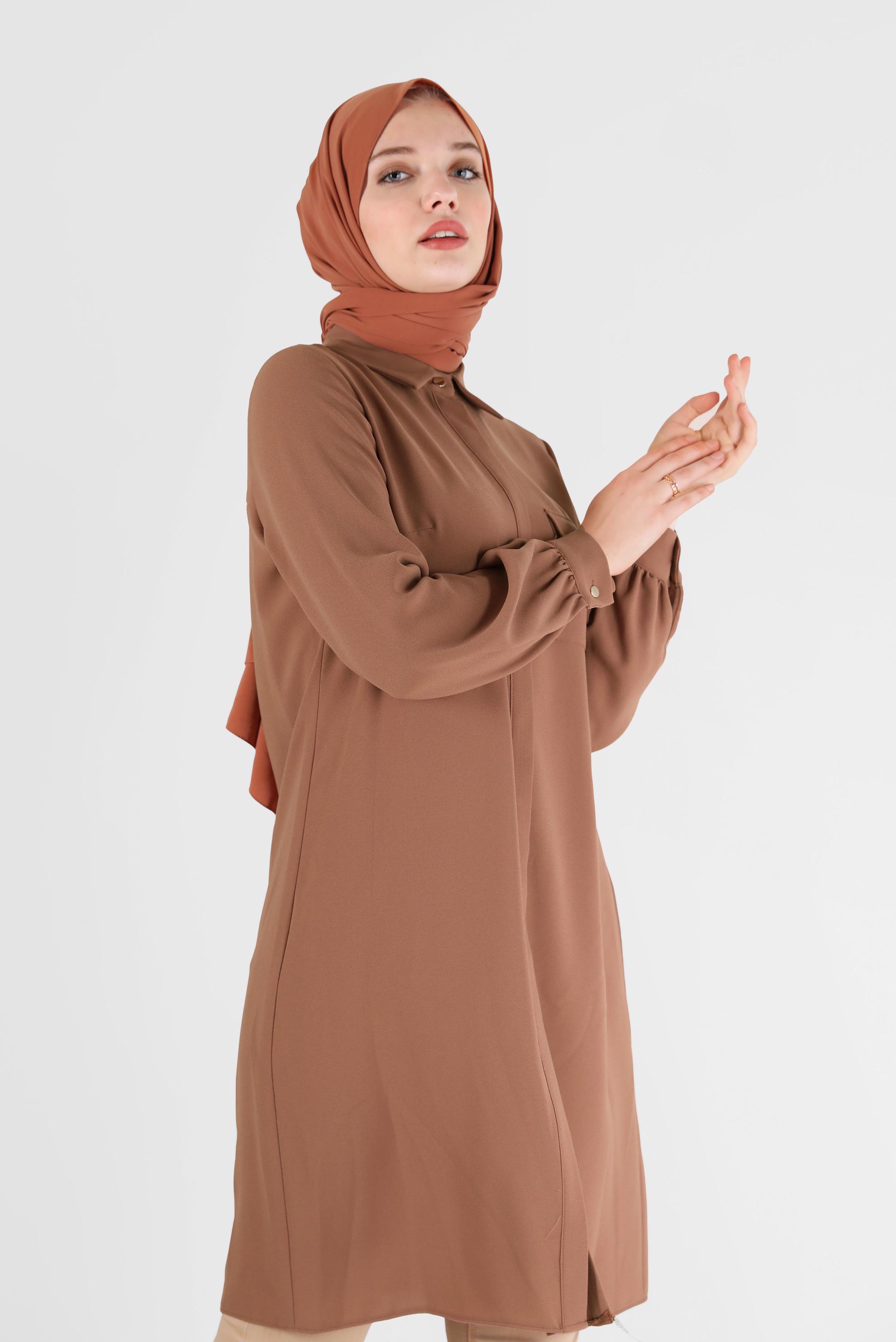 Tesettür giyim KAHVE GİZLİ DÜĞMELİ KREP TUNİK 42288 