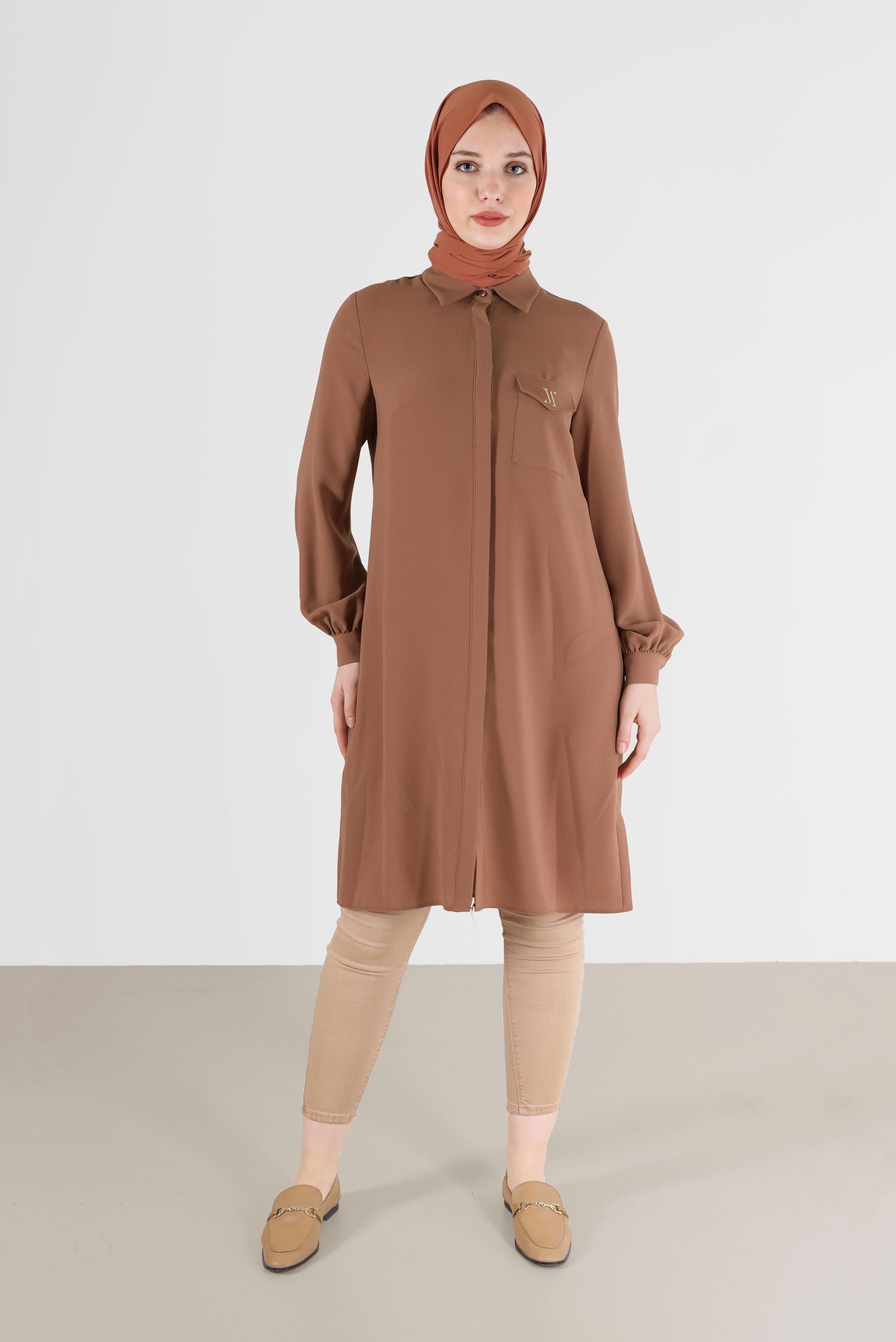 Tesettür giyim KAHVE GİZLİ DÜĞMELİ KREP TUNİK 42288 