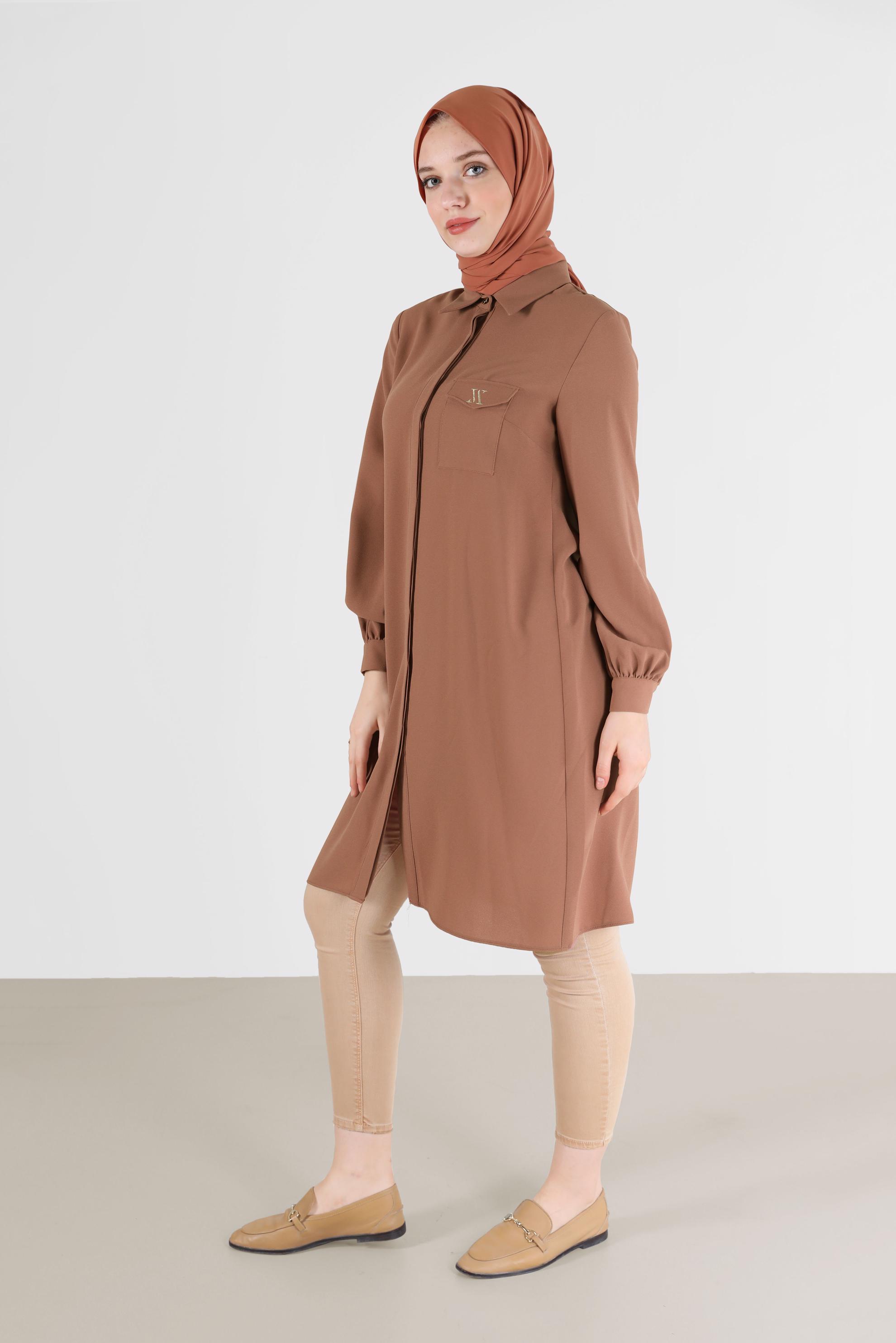 Tesettür giyim KAHVE GİZLİ DÜĞMELİ KREP TUNİK 42288 