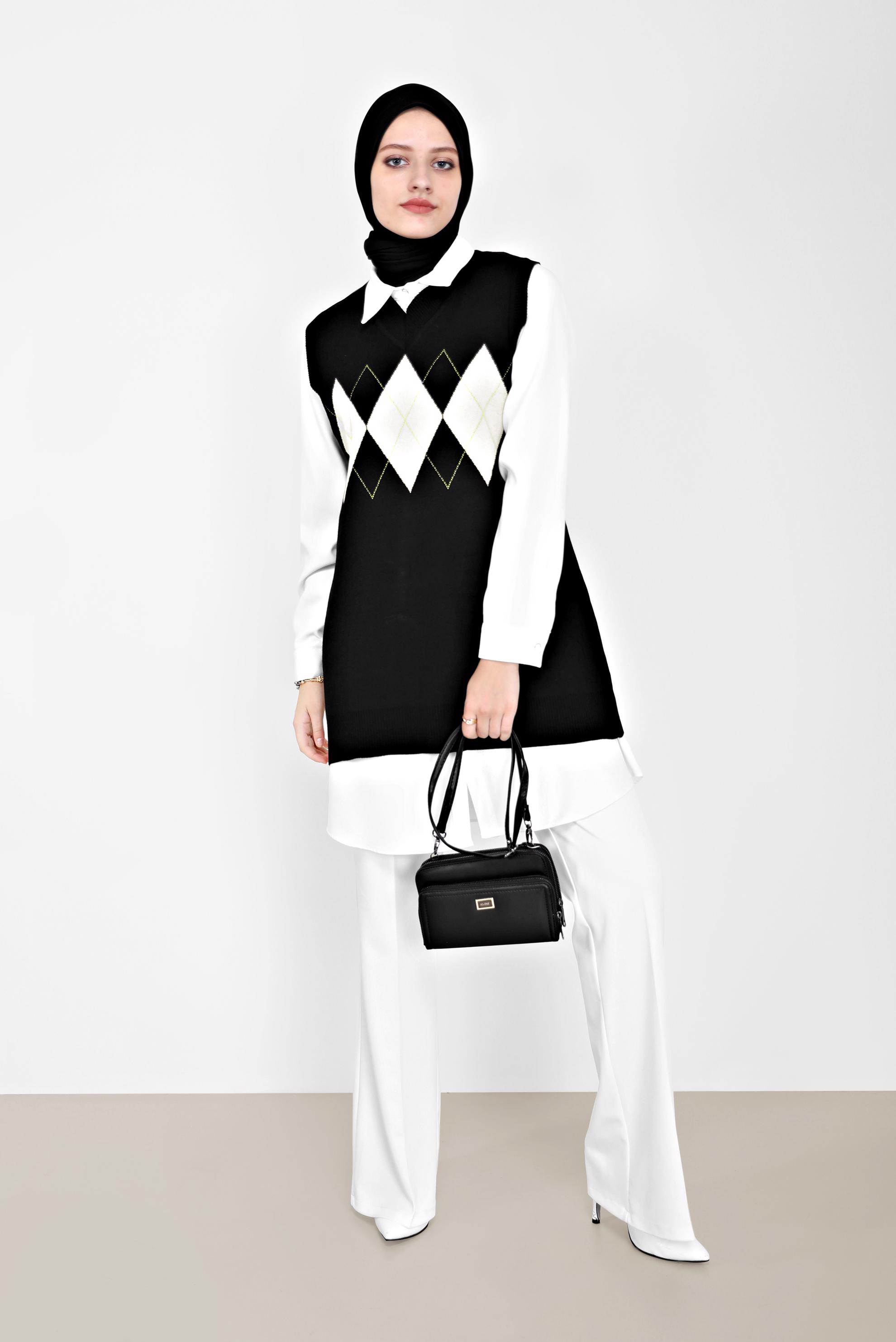 Tesettür giyim SİYAH BAKLAVA DESENLİ TRİKO SÜVETER 42063 