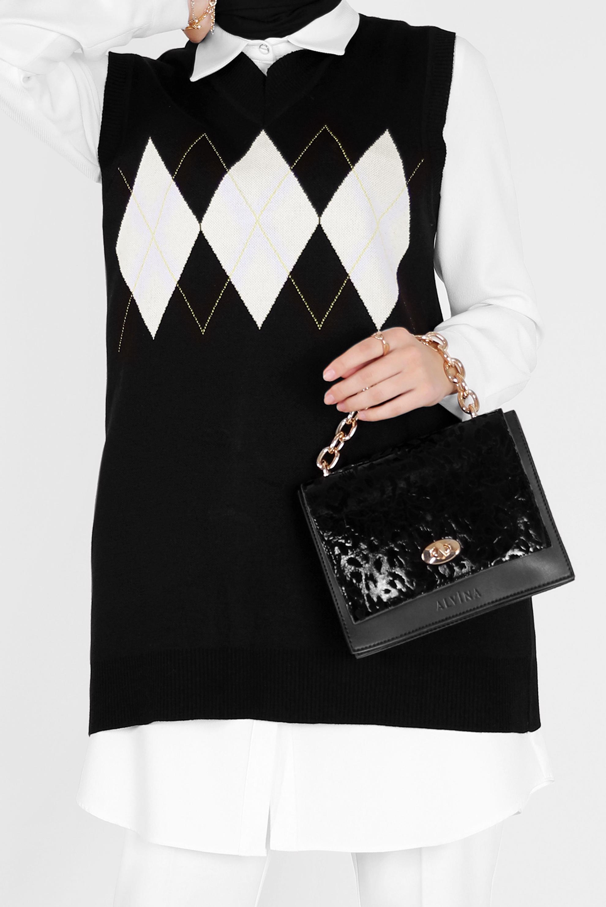 Tesettür giyim SİYAH BAKLAVA DESENLİ TRİKO SÜVETER 42063 