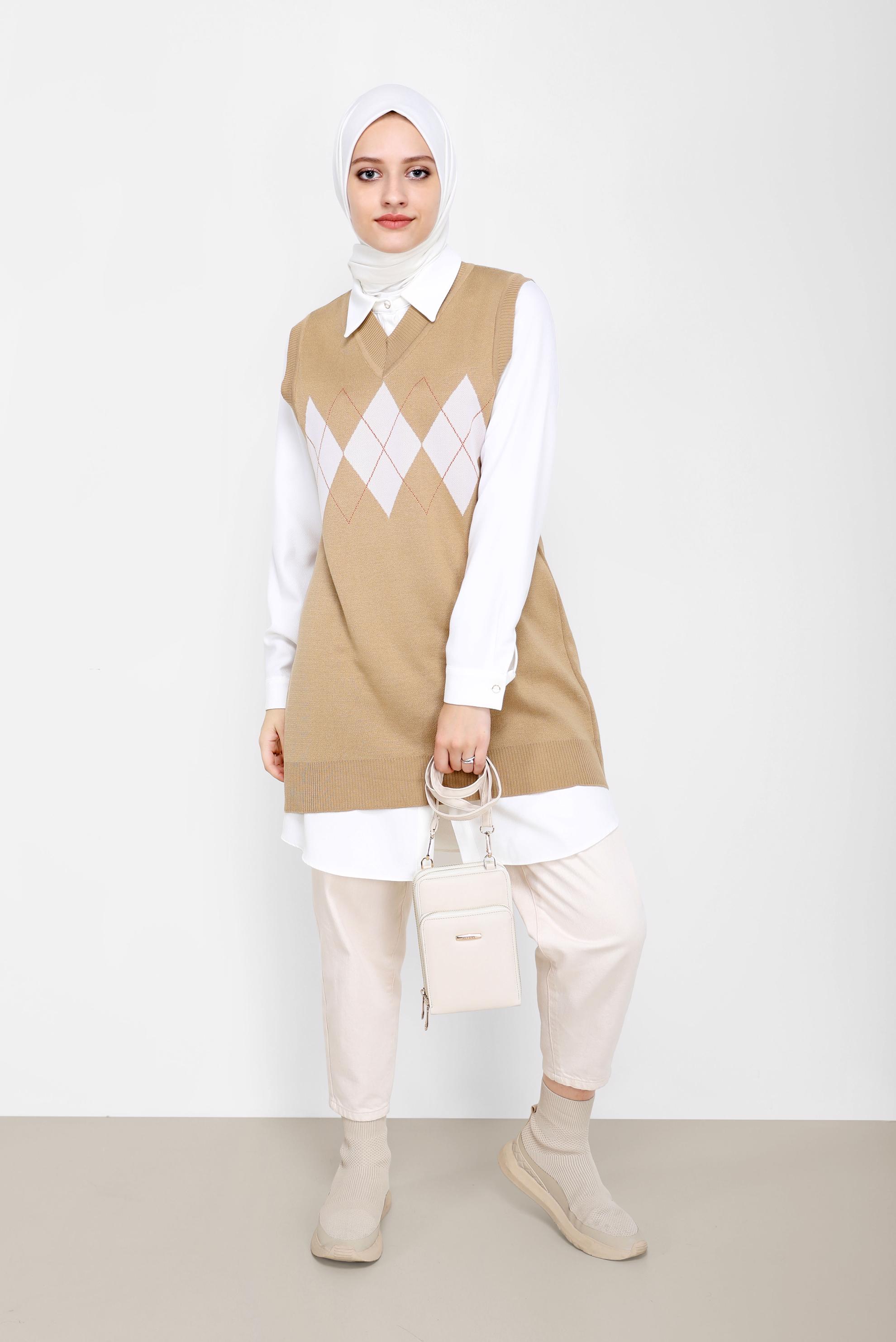 Tesettür giyim KAHVE BAKLAVA DESENLİ TRİKO SÜVETER 42063 