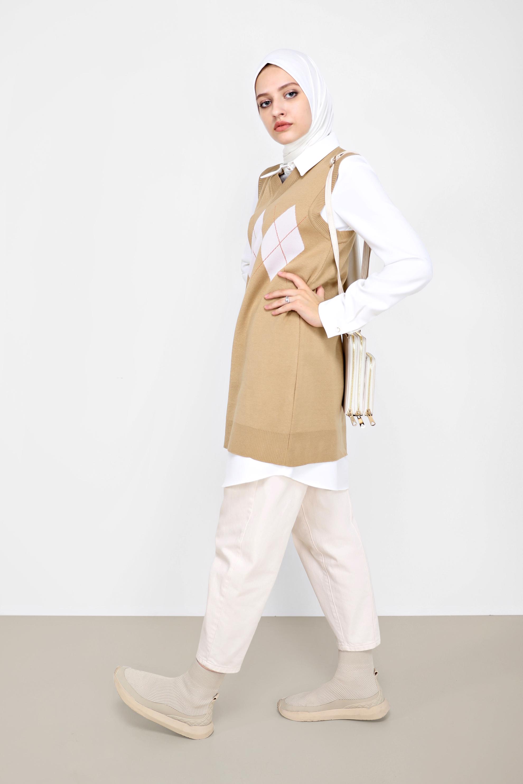 Tesettür giyim KAHVE BAKLAVA DESENLİ TRİKO SÜVETER 42063 